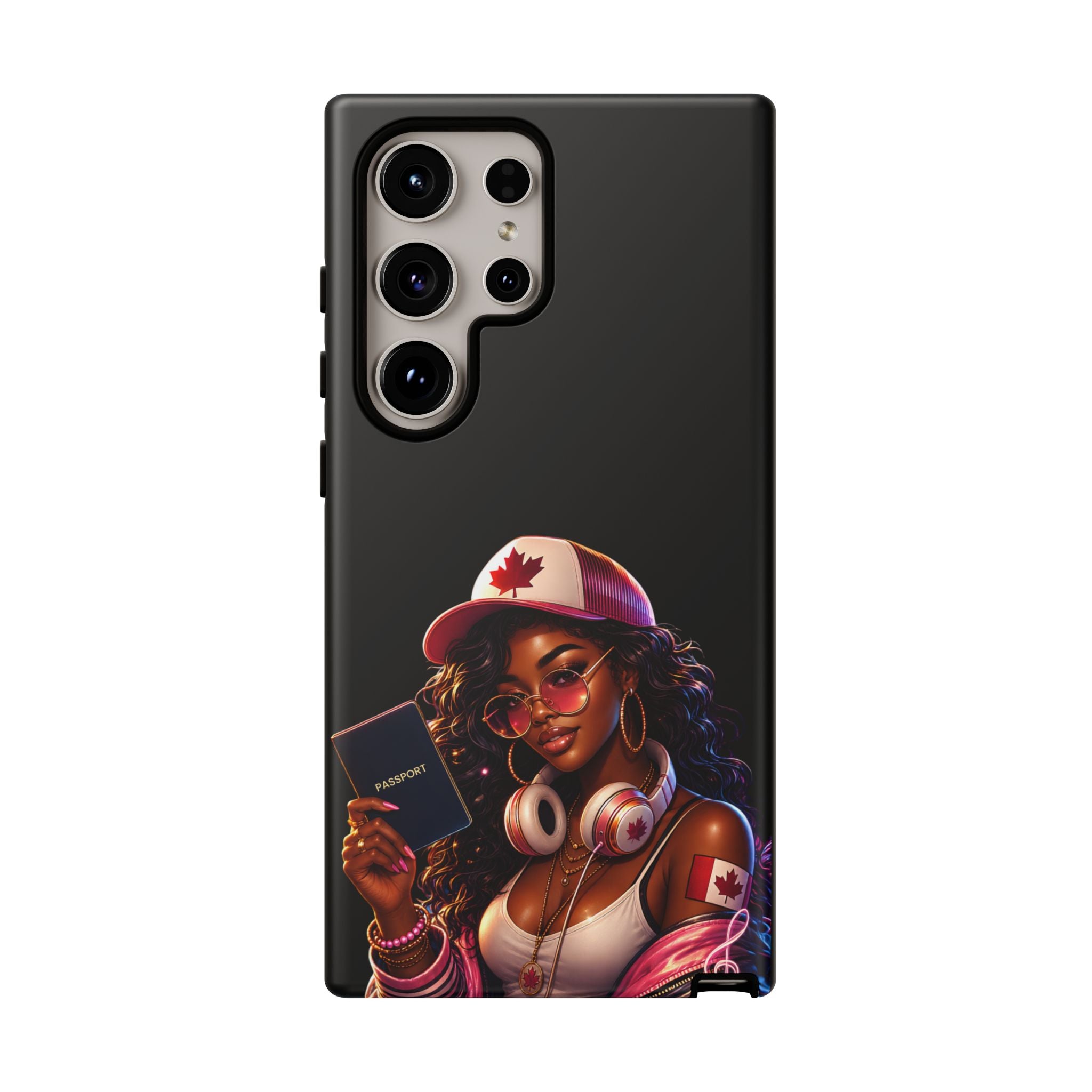 Canadian Vibes Phone Case — Afrobeat Girl with Headphones & Passport Design