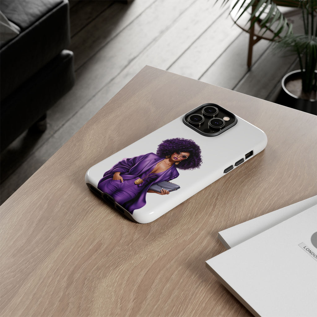 Purple Power Woman Phone Case — Afro Chic Businesswoman Protective Phone Cover
