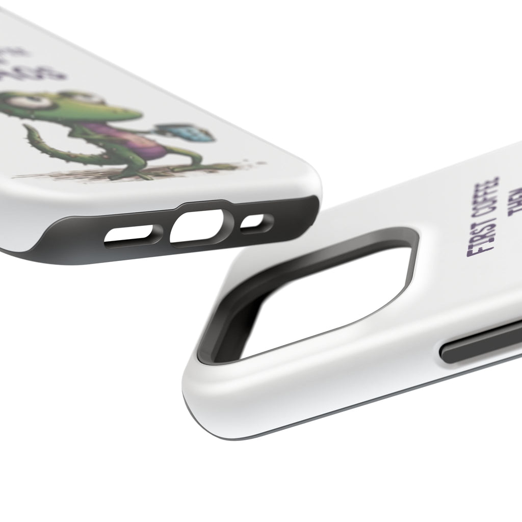 Impact-Resistant Phone Case — "First Coffee Then Chaos" Cute Lizard Coffee Design