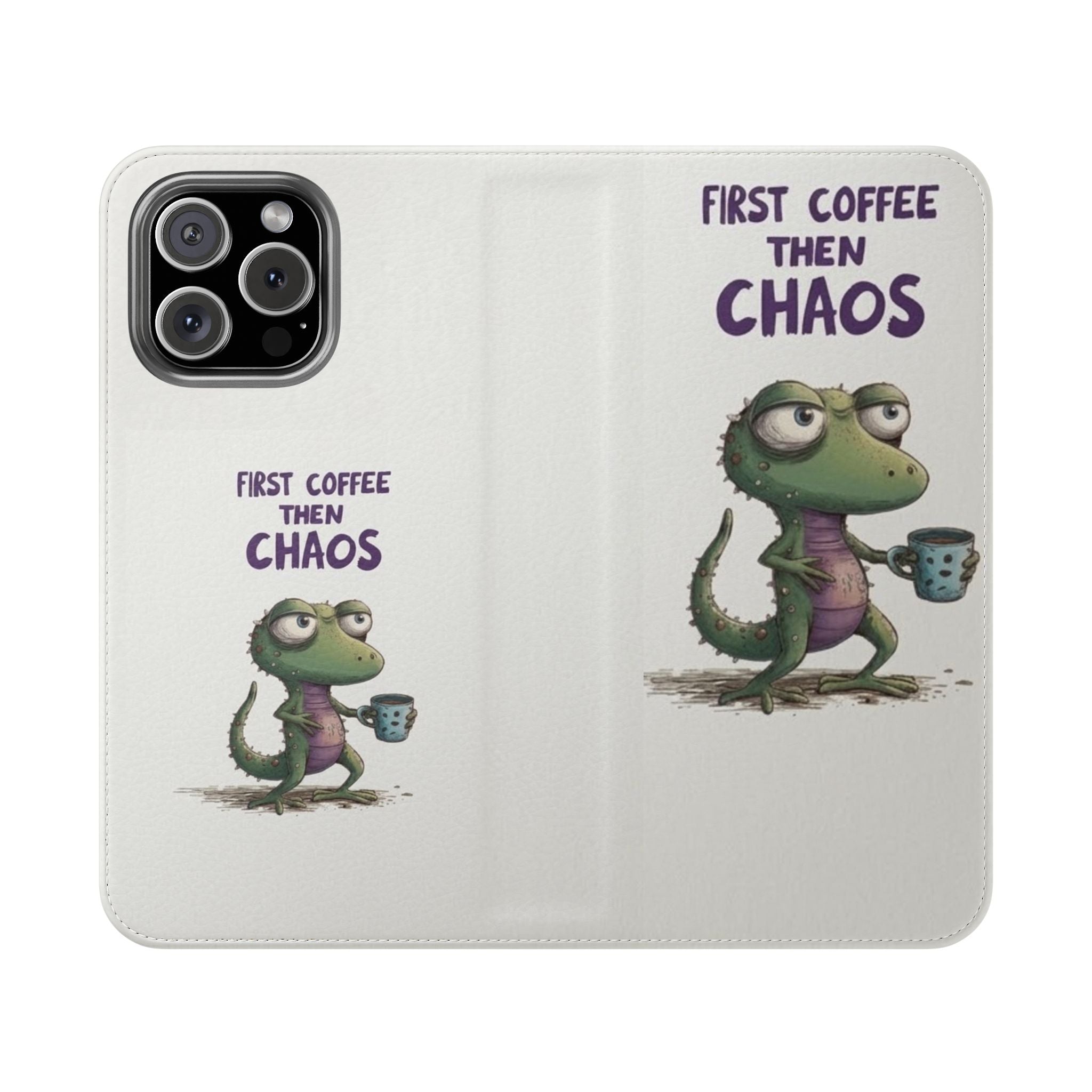 Flip Case — "First Coffee Then Chaos" Cute Dino Phone Wallet