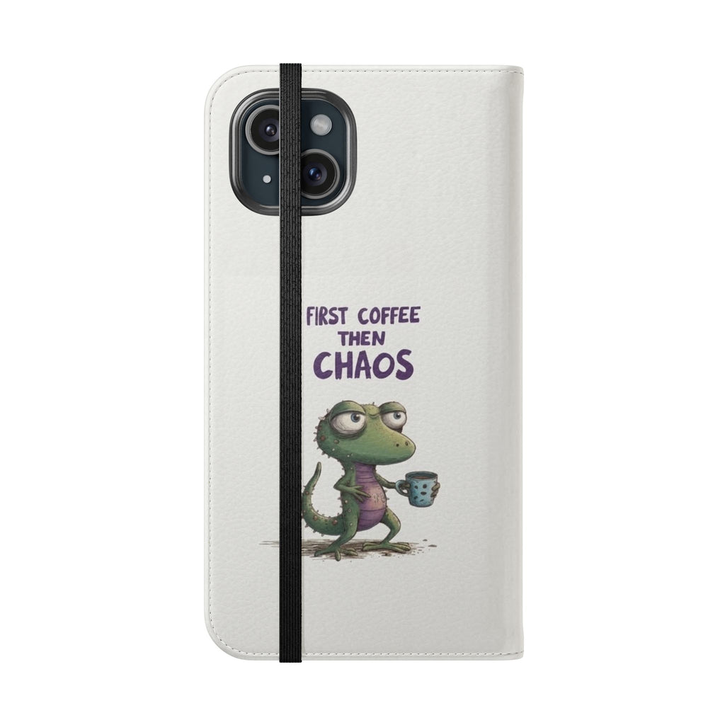 Flip Case — "First Coffee Then Chaos" Cute Dino Phone Wallet