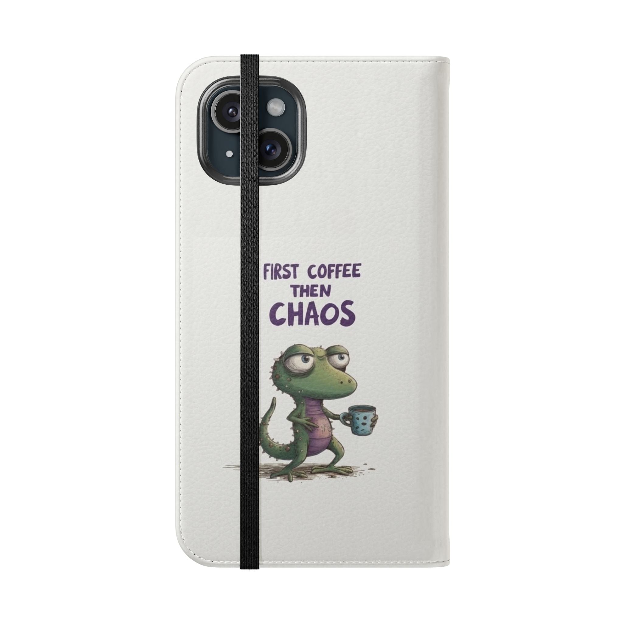 Flip Case — "First Coffee Then Chaos" Cute Dino Phone Wallet