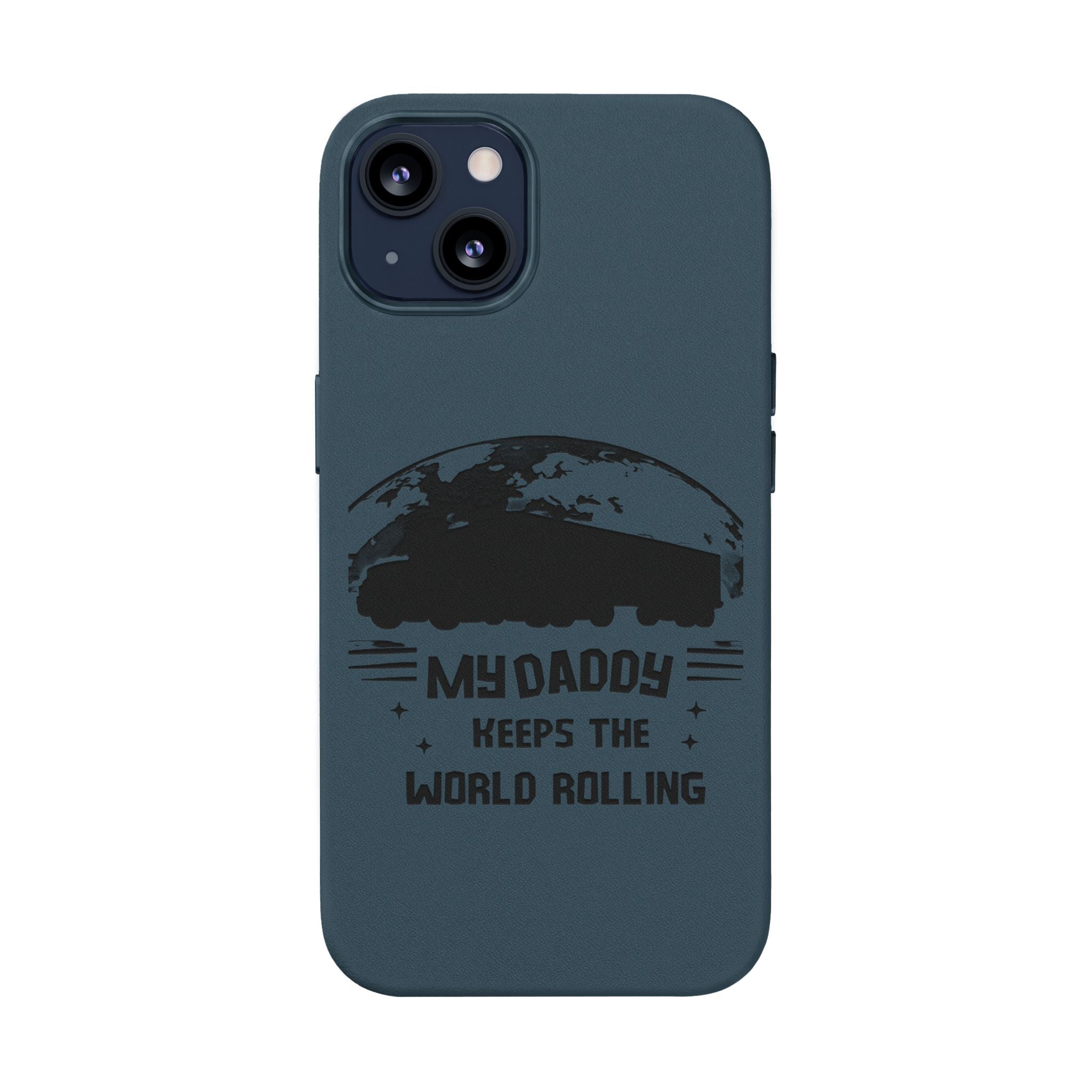 Engraved PU Leather Phone Case — 'Mhdaddy Keeps the World Rolling' Vintage Van Design