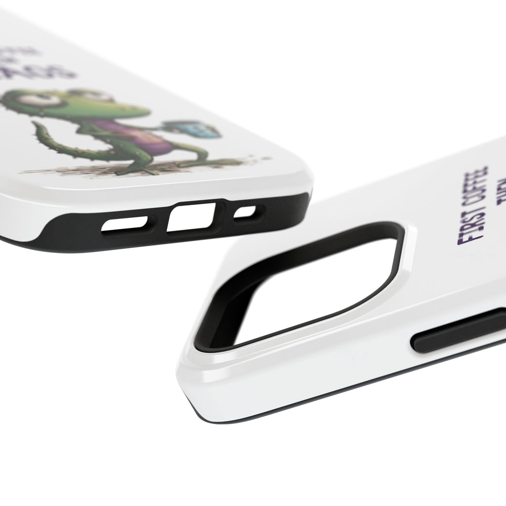 Impact-Resistant Phone Case — "First Coffee Then Chaos" Cute Lizard Coffee Design