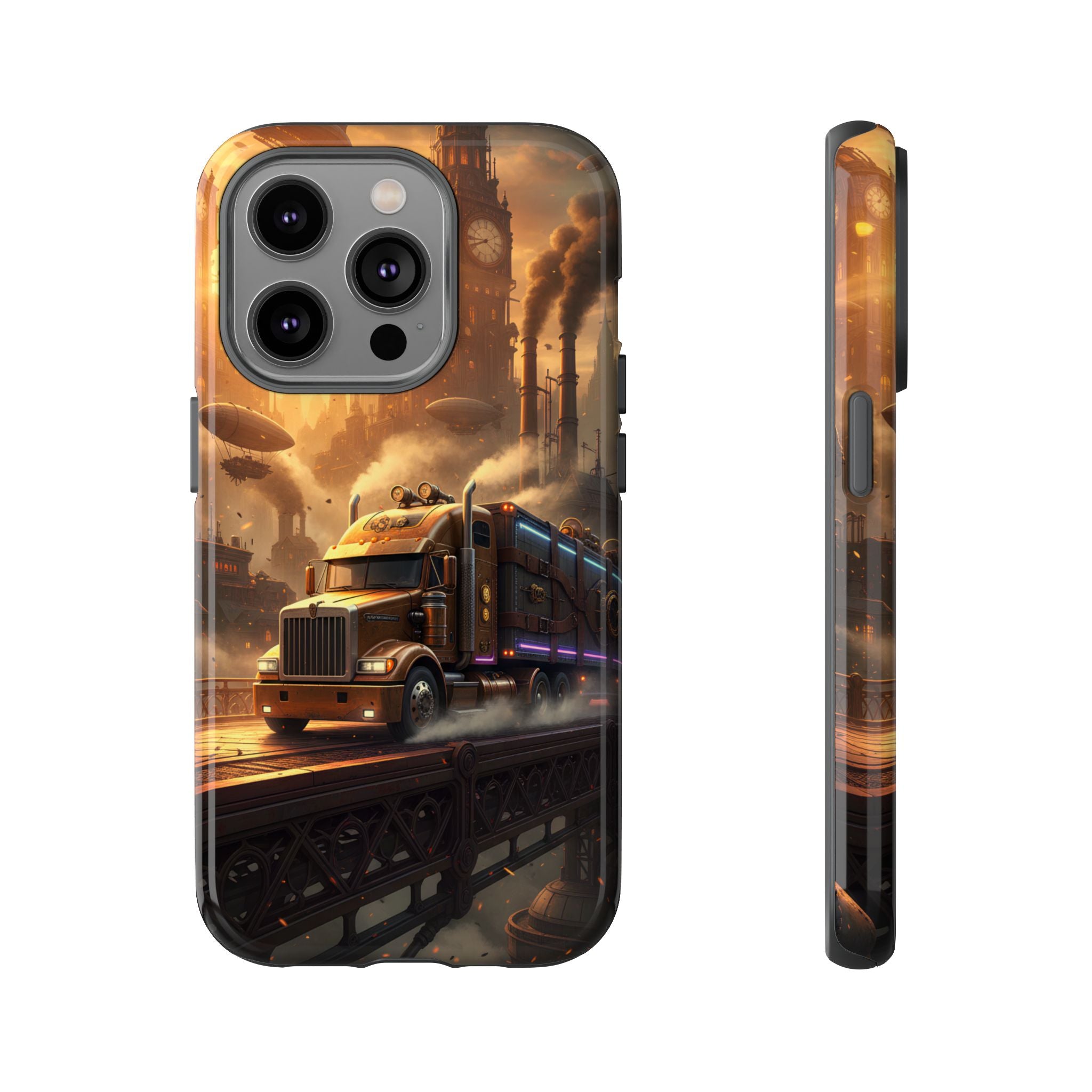 Steampunk Freightliner Phone Case — Rugged Trucking Cityscape iPhone Cover