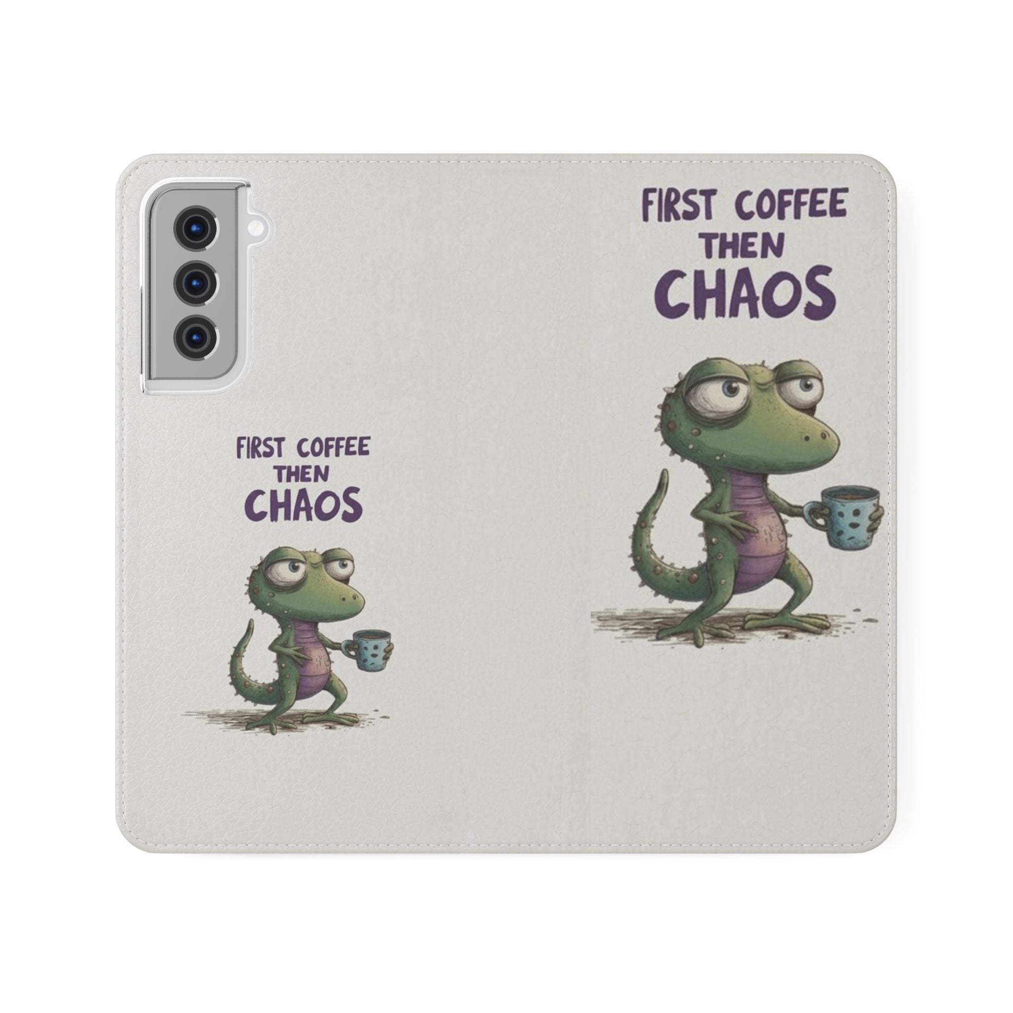 Flip Case — "First Coffee Then Chaos" Cute Dino Phone Wallet
