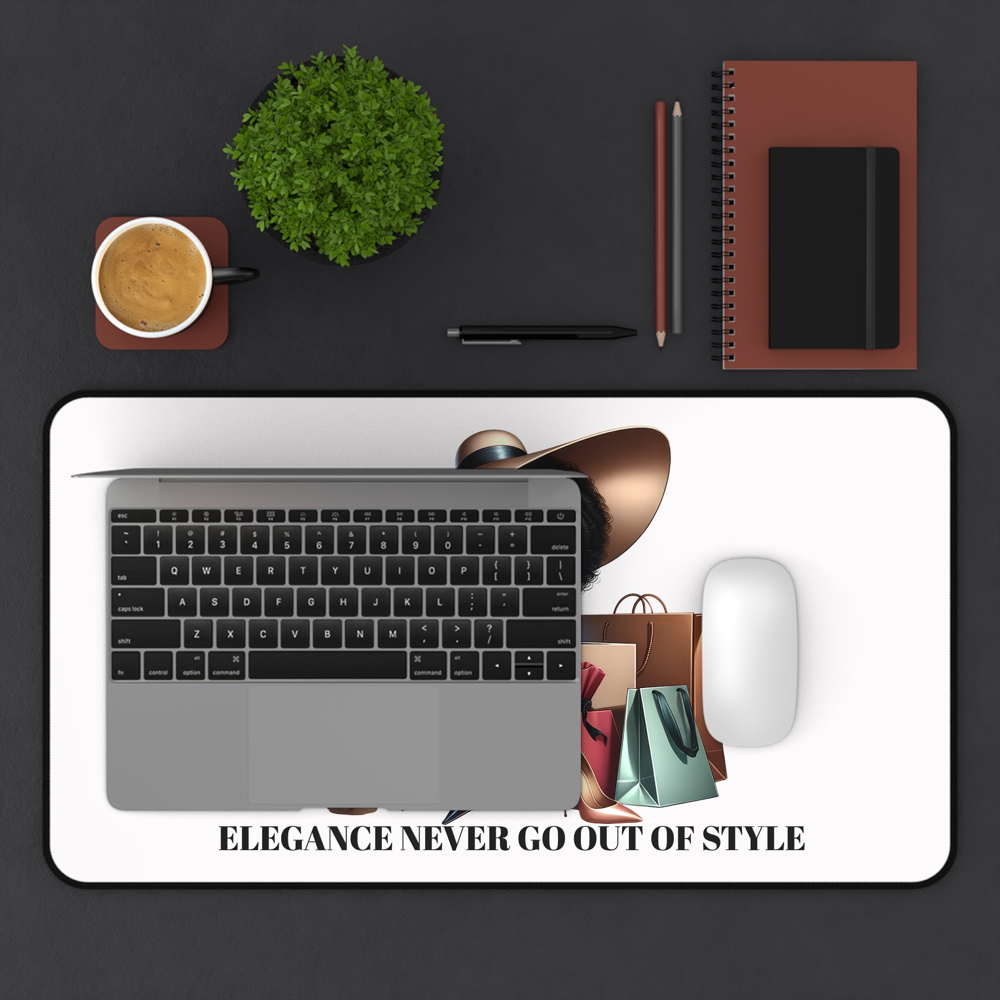 Chic Shopper Desk Mat — Fashionista Woman with Shopping Bags Mouse Pad