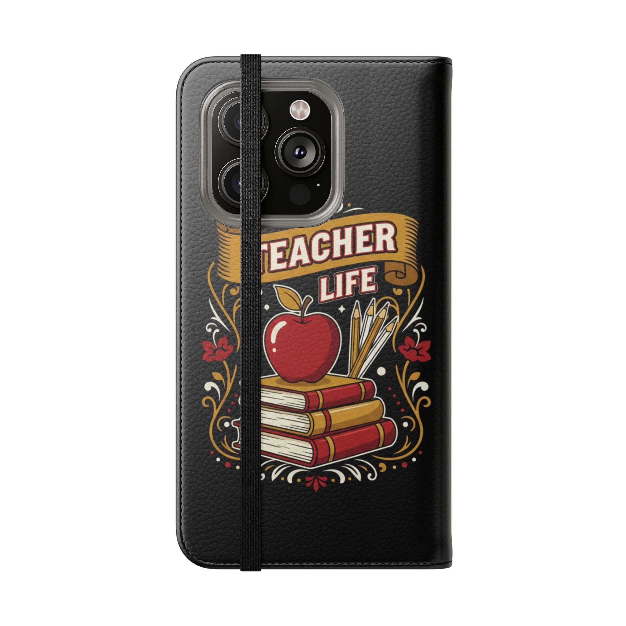 Teacher Life Flip Phone Case – Wallet Folio with Apple & Books Design