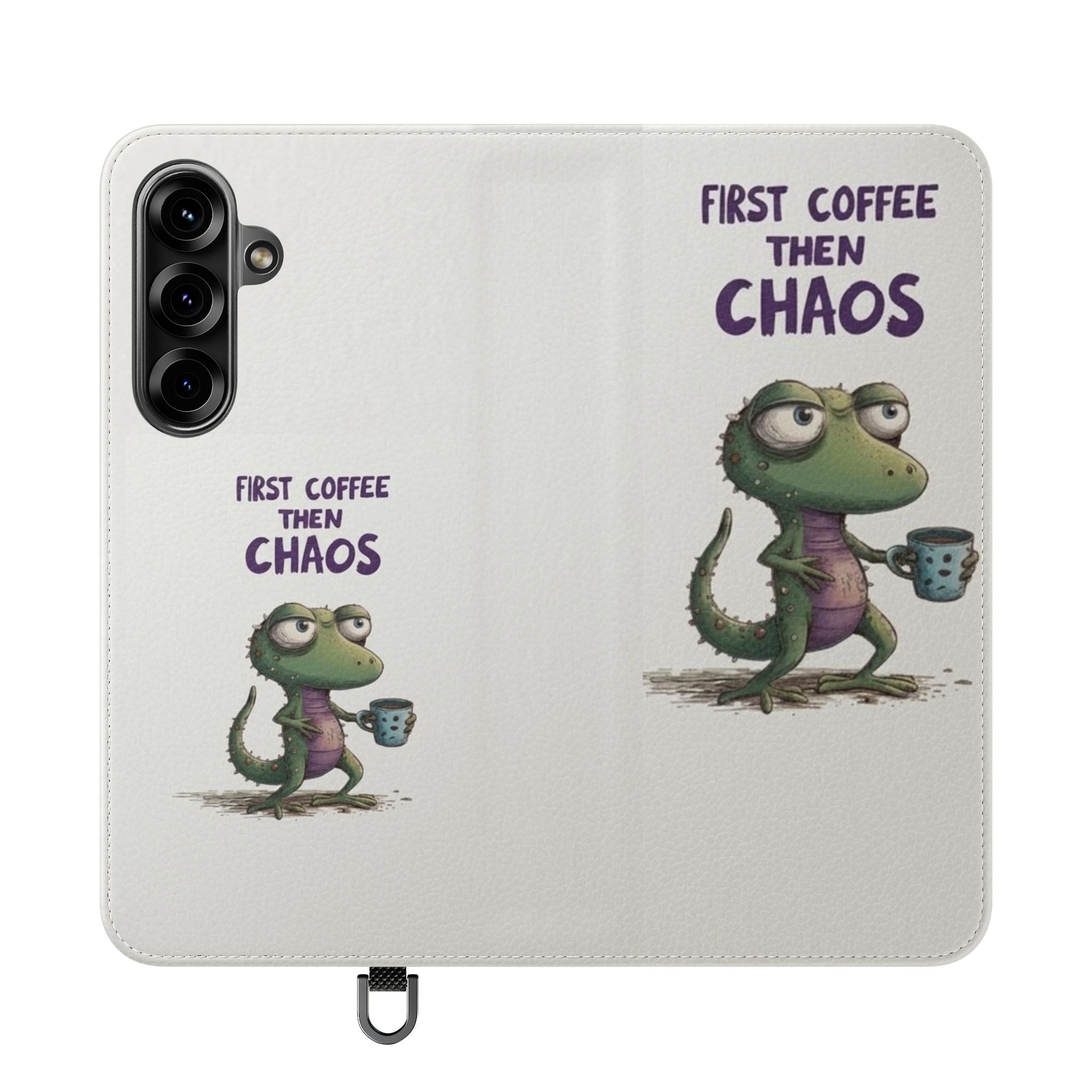 Flip Case — "First Coffee Then Chaos" Cute Dino Phone Wallet