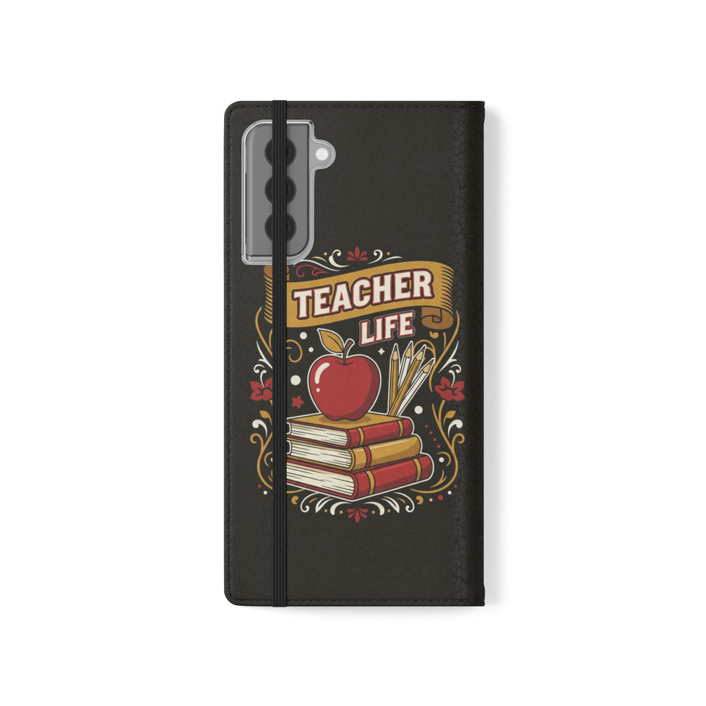 Teacher Life Flip Phone Case – Wallet Folio with Apple & Books Design