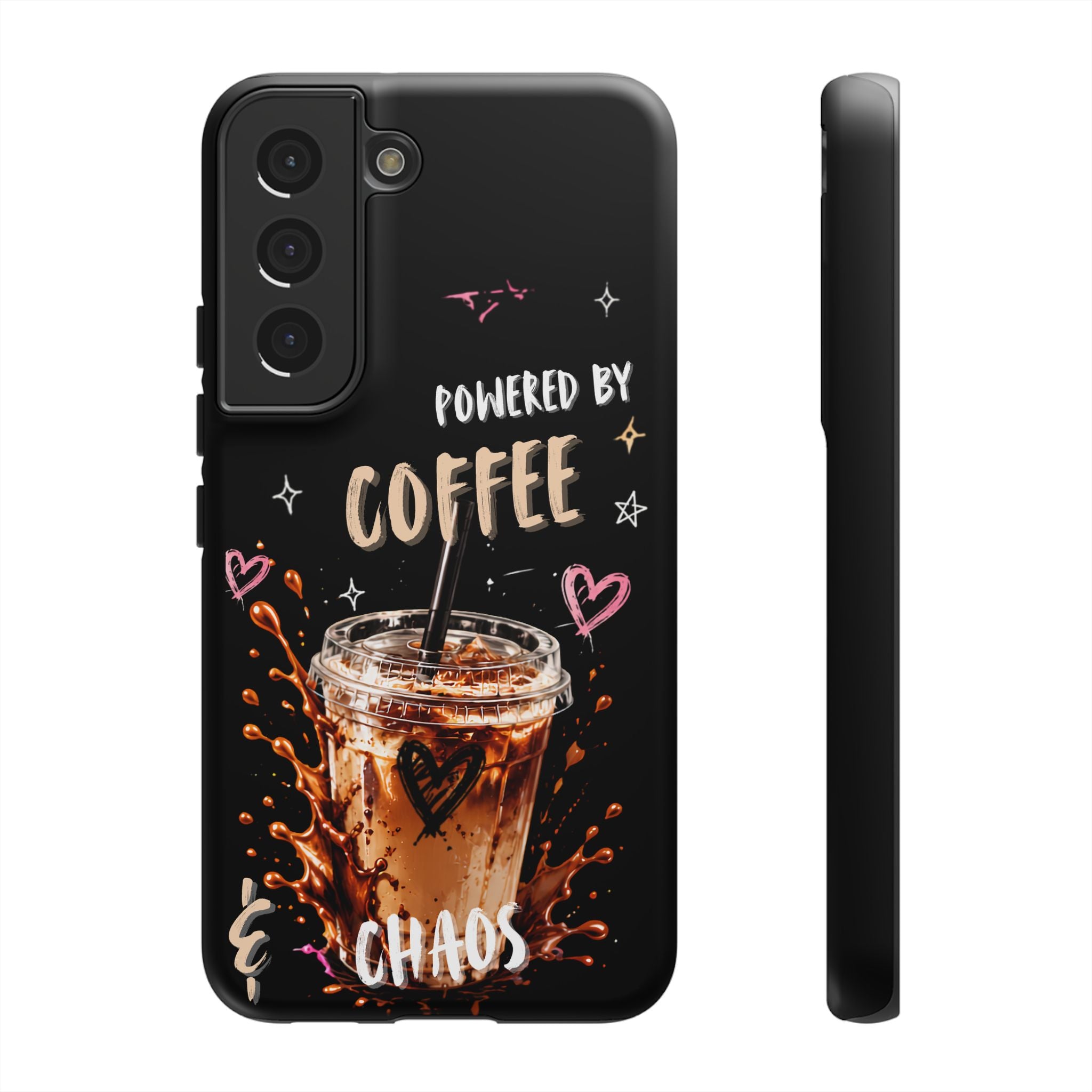 Phone Case — "Powered by Coffee & Chaos" Iced Coffee Protective Cover