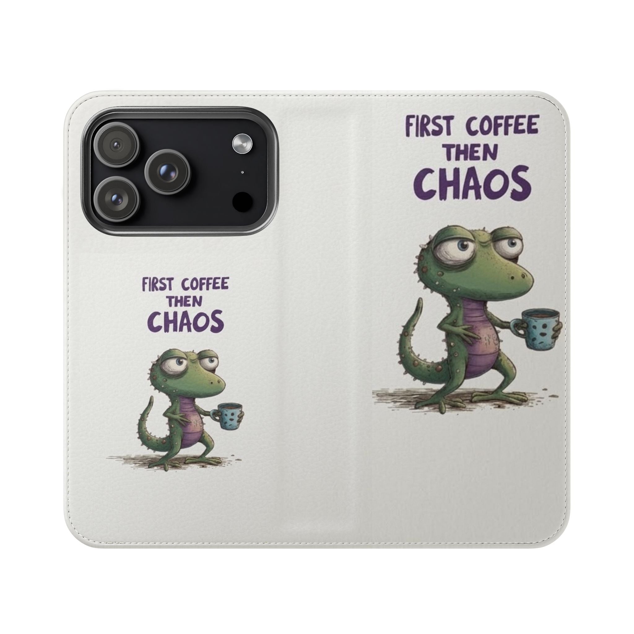 Flip Case — "First Coffee Then Chaos" Cute Dino Phone Wallet