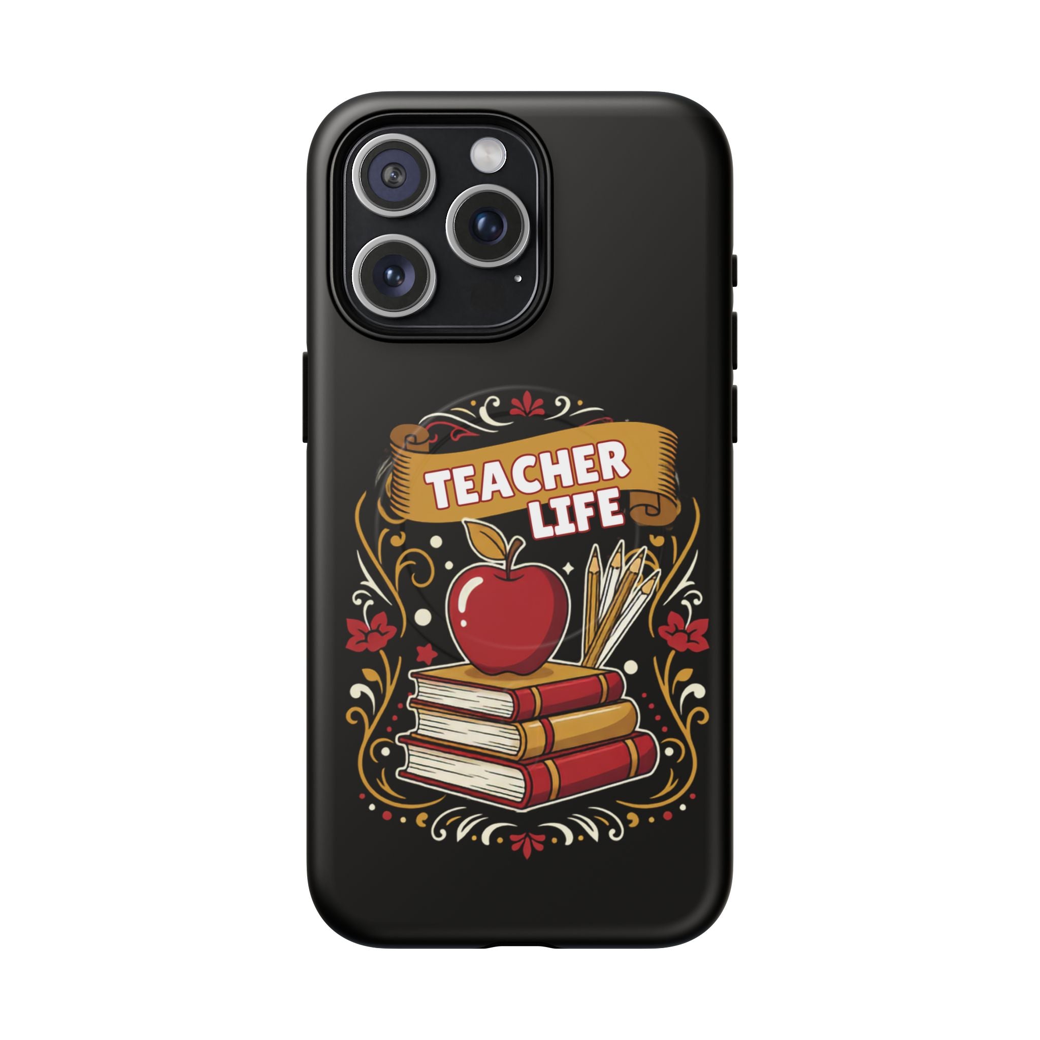 Teacher Life Phone Case - Tough Magnetic Protective Cover with Apple & Books Design