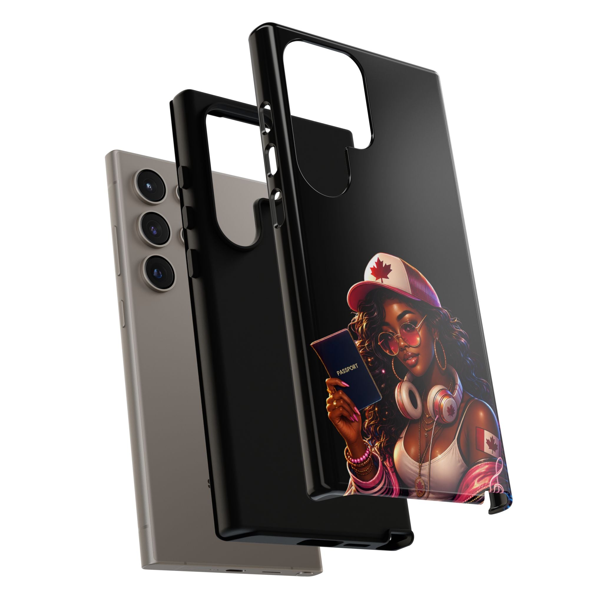 Canadian Vibes Phone Case — Afrobeat Girl with Headphones & Passport Design