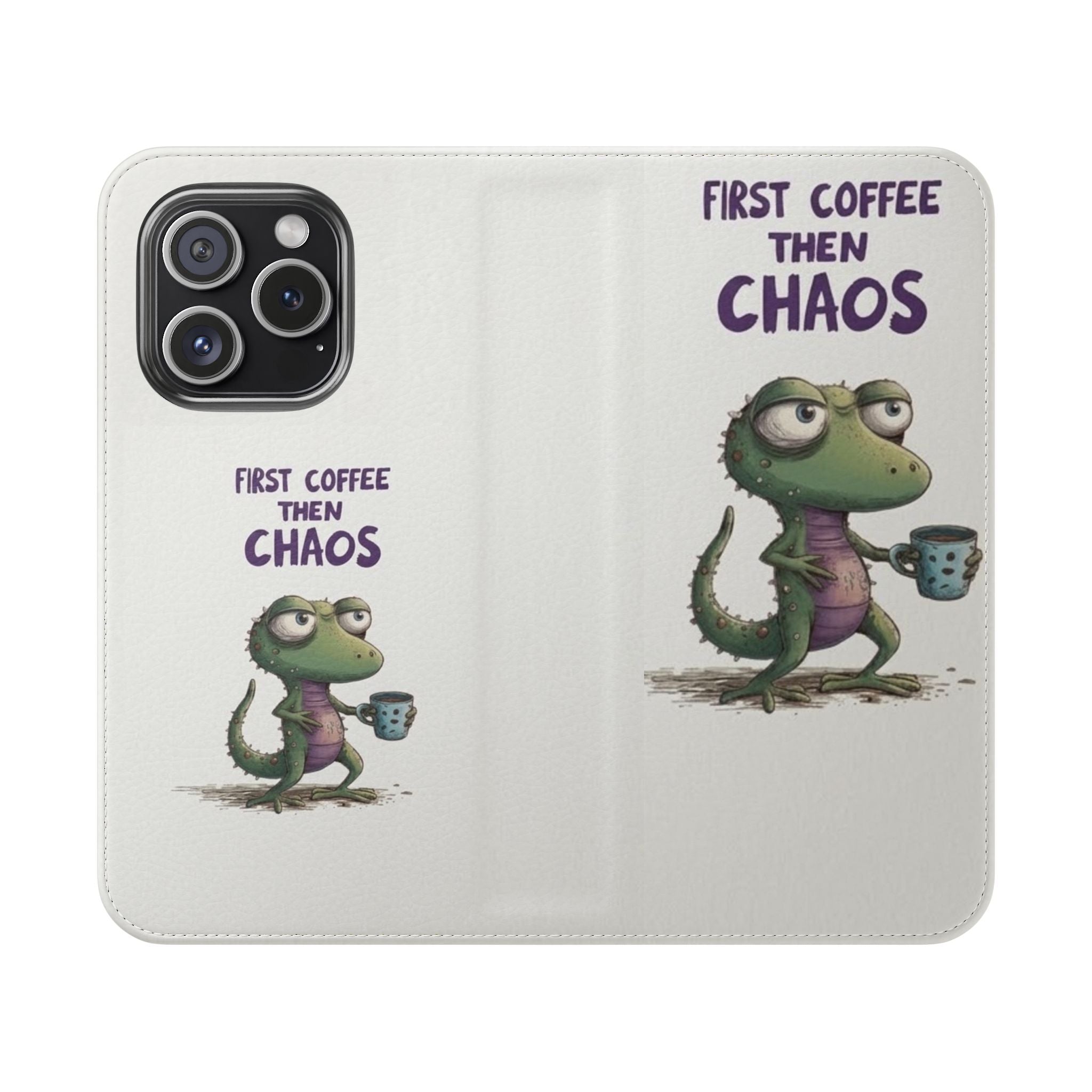 Flip Case — "First Coffee Then Chaos" Cute Dino Phone Wallet