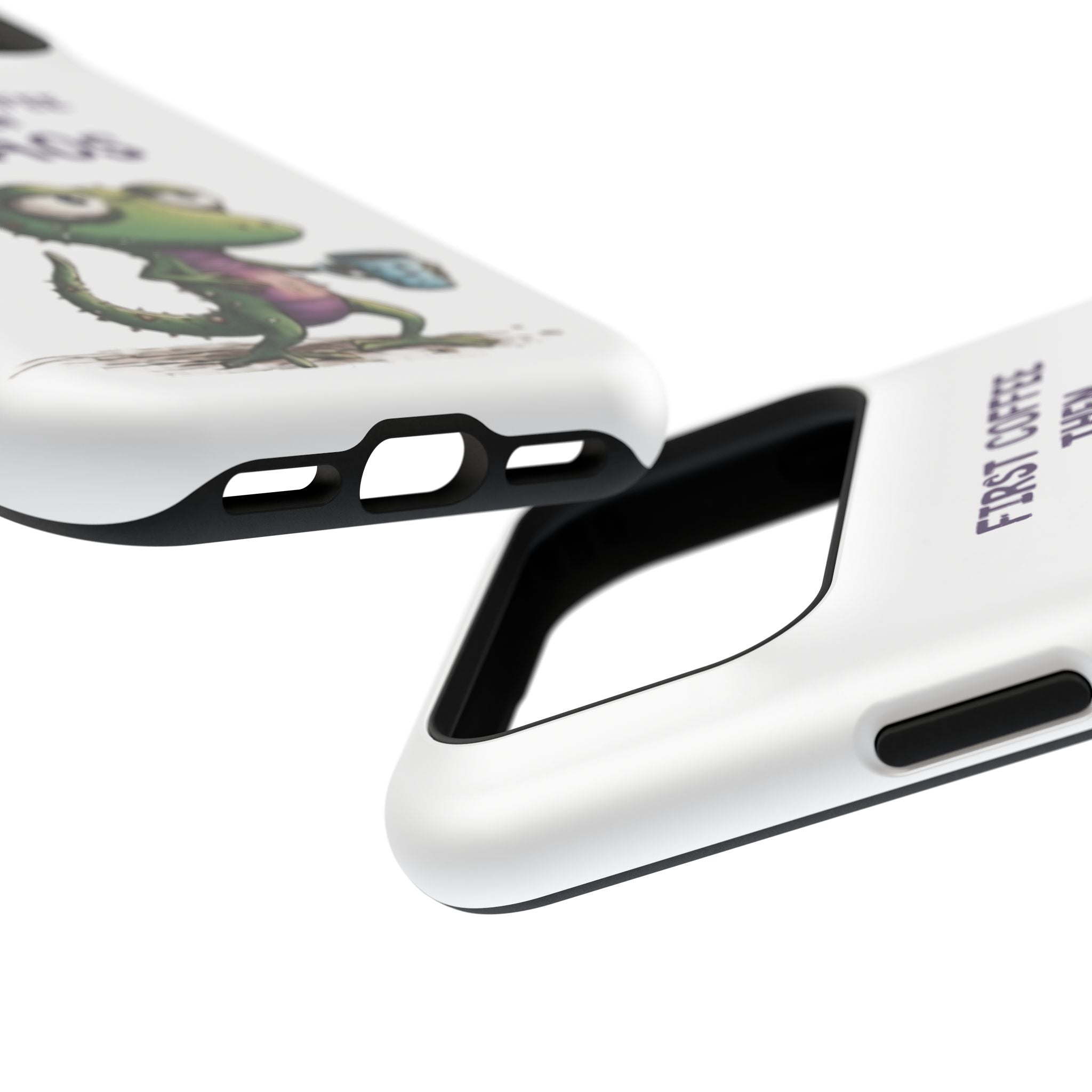 Impact-Resistant Phone Case — "First Coffee Then Chaos" Cute Lizard Coffee Design