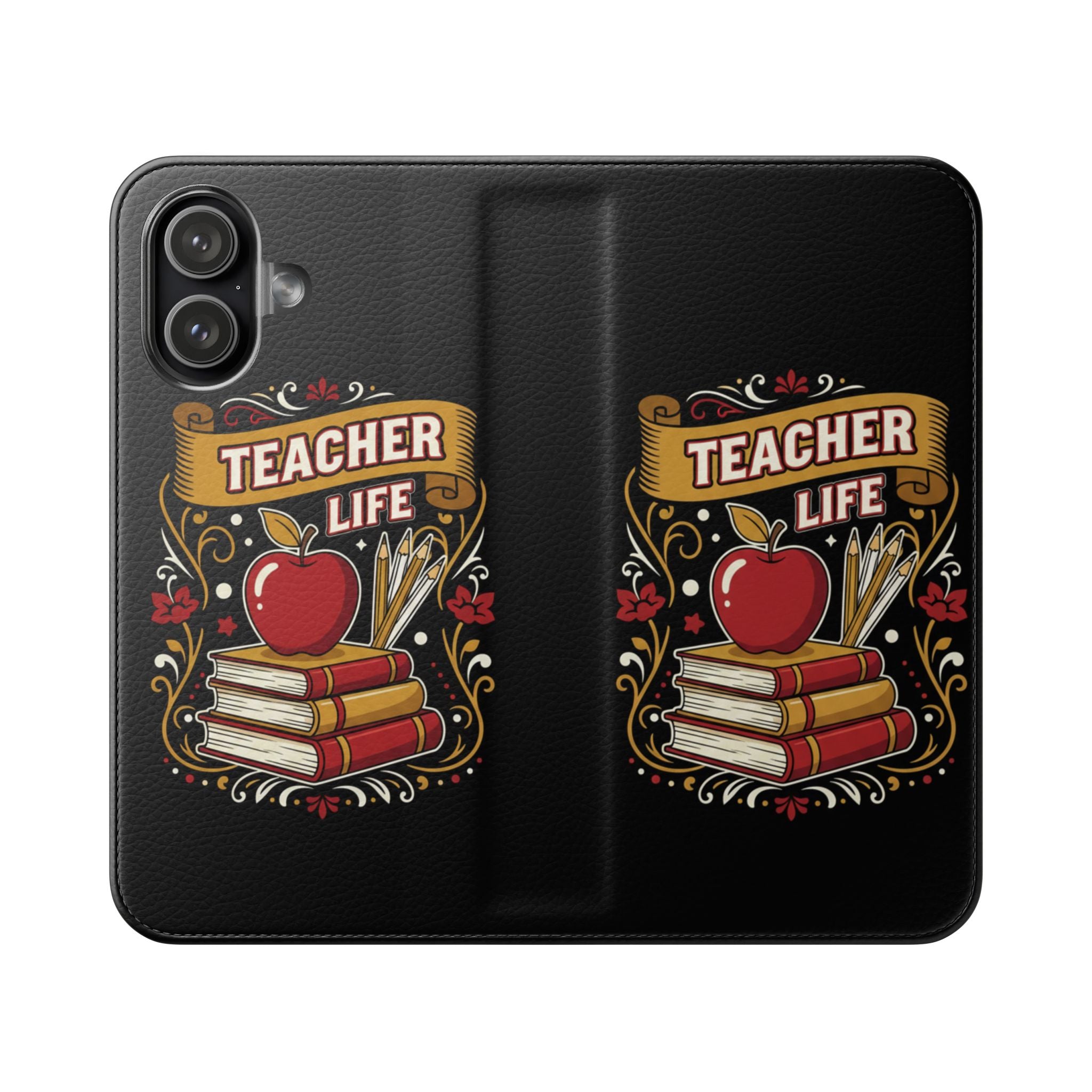 Teacher Life Flip Phone Case – Wallet Folio with Apple & Books Design