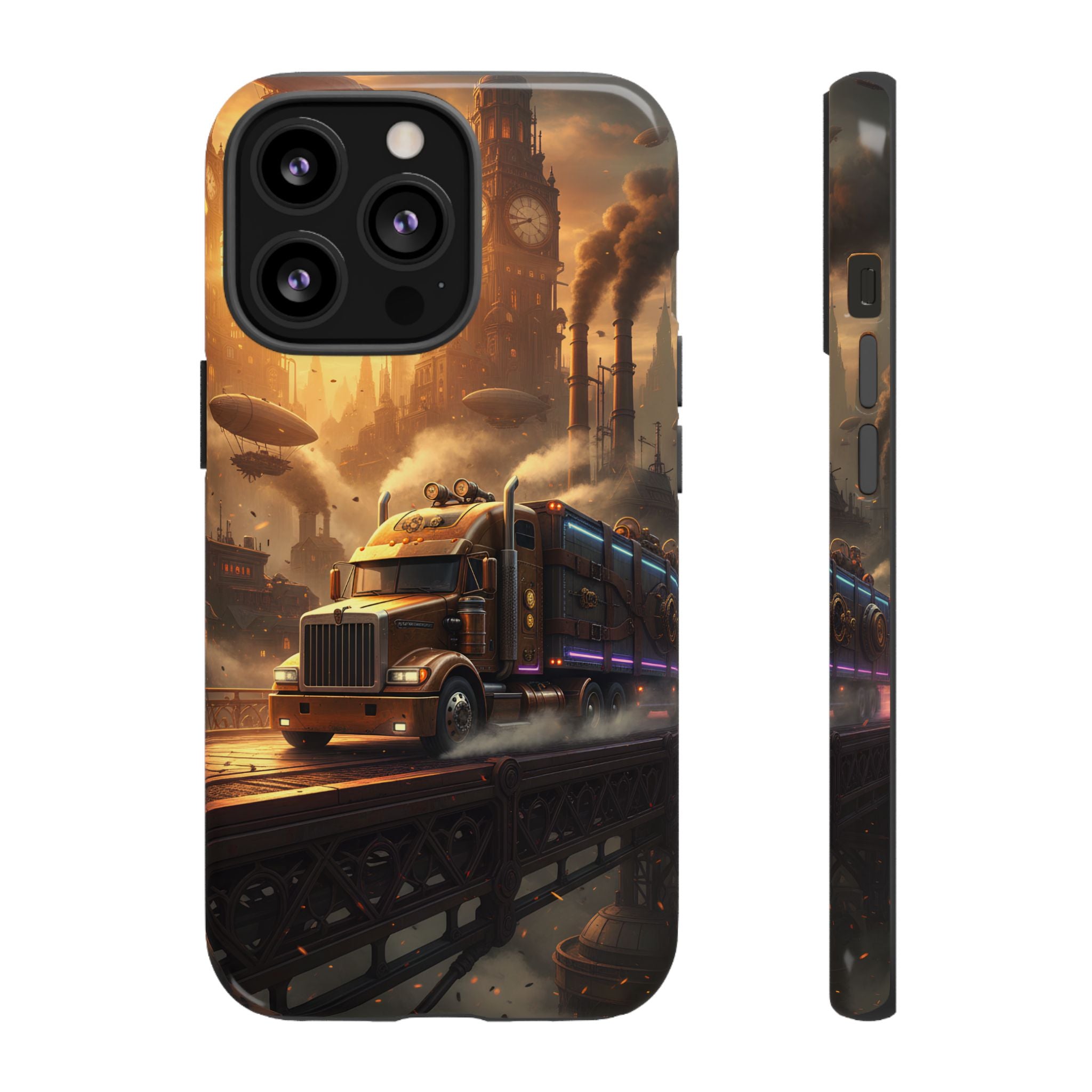 Steampunk Freightliner Phone Case — Rugged Trucking Cityscape iPhone Cover