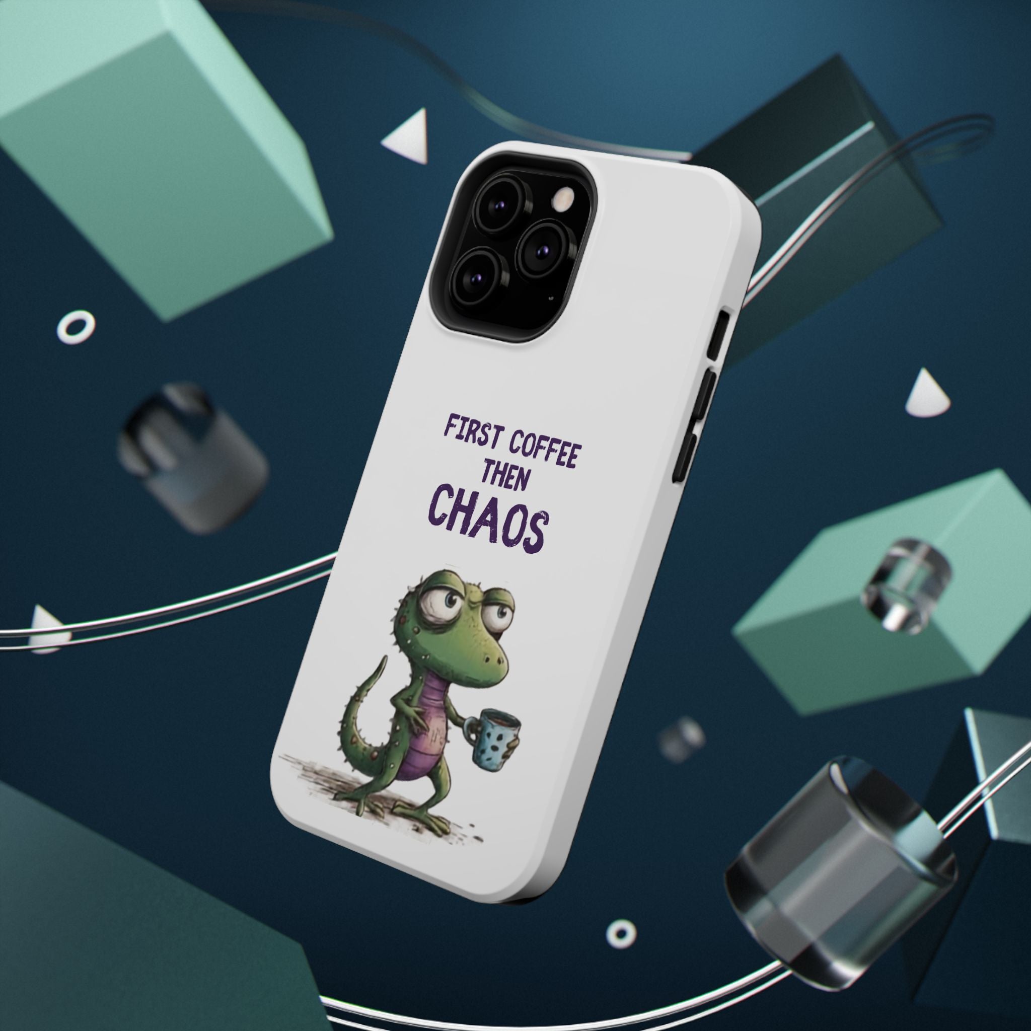 Impact-Resistant Phone Case — "First Coffee Then Chaos" Cute Lizard Coffee Design
