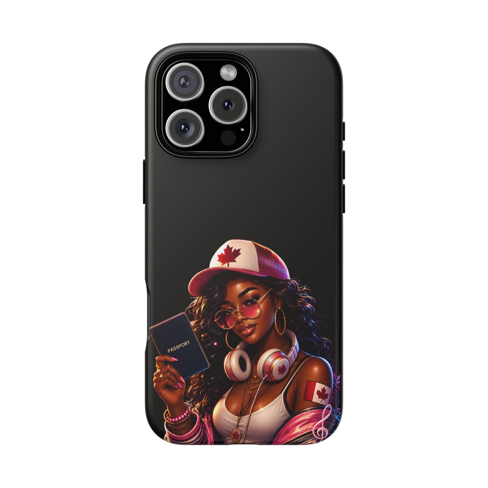 Canadian Vibes Phone Case — Afrobeat Girl with Headphones & Passport Design