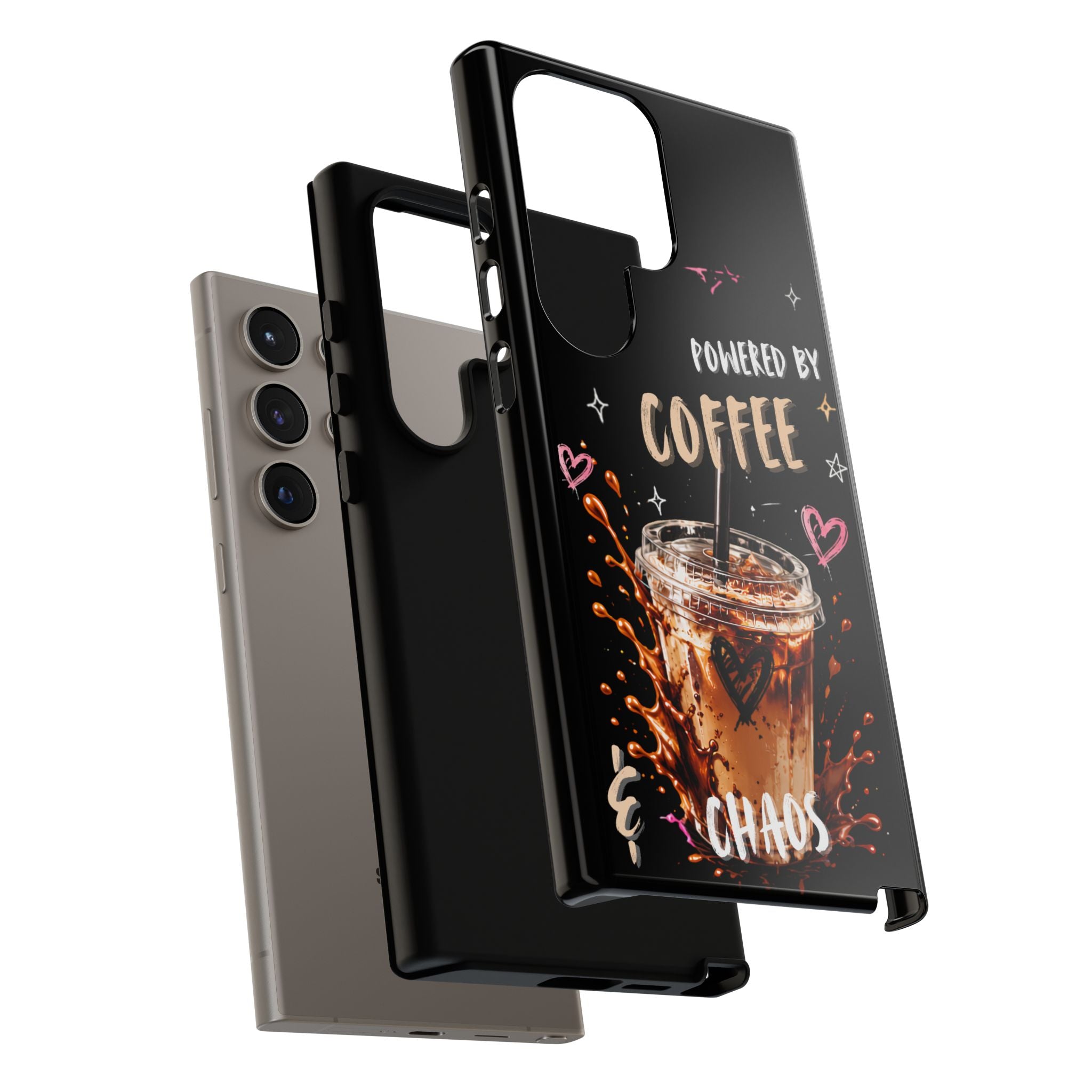 Phone Case — "Powered by Coffee & Chaos" Iced Coffee Protective Cover