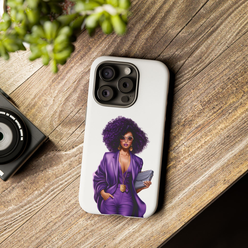 Purple Power Woman Phone Case — Afro Chic Businesswoman Protective Phone Cover