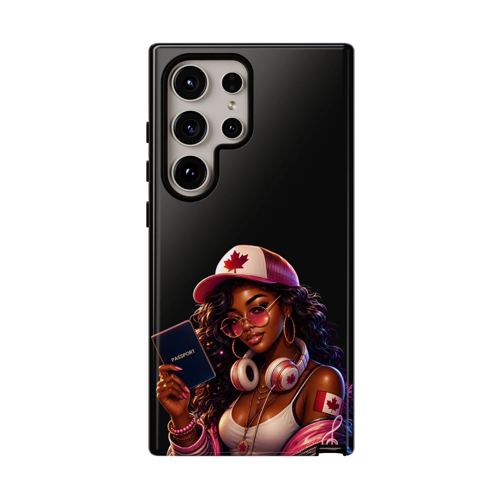 Canadian Vibes Phone Case — Afrobeat Girl with Headphones & Passport Design