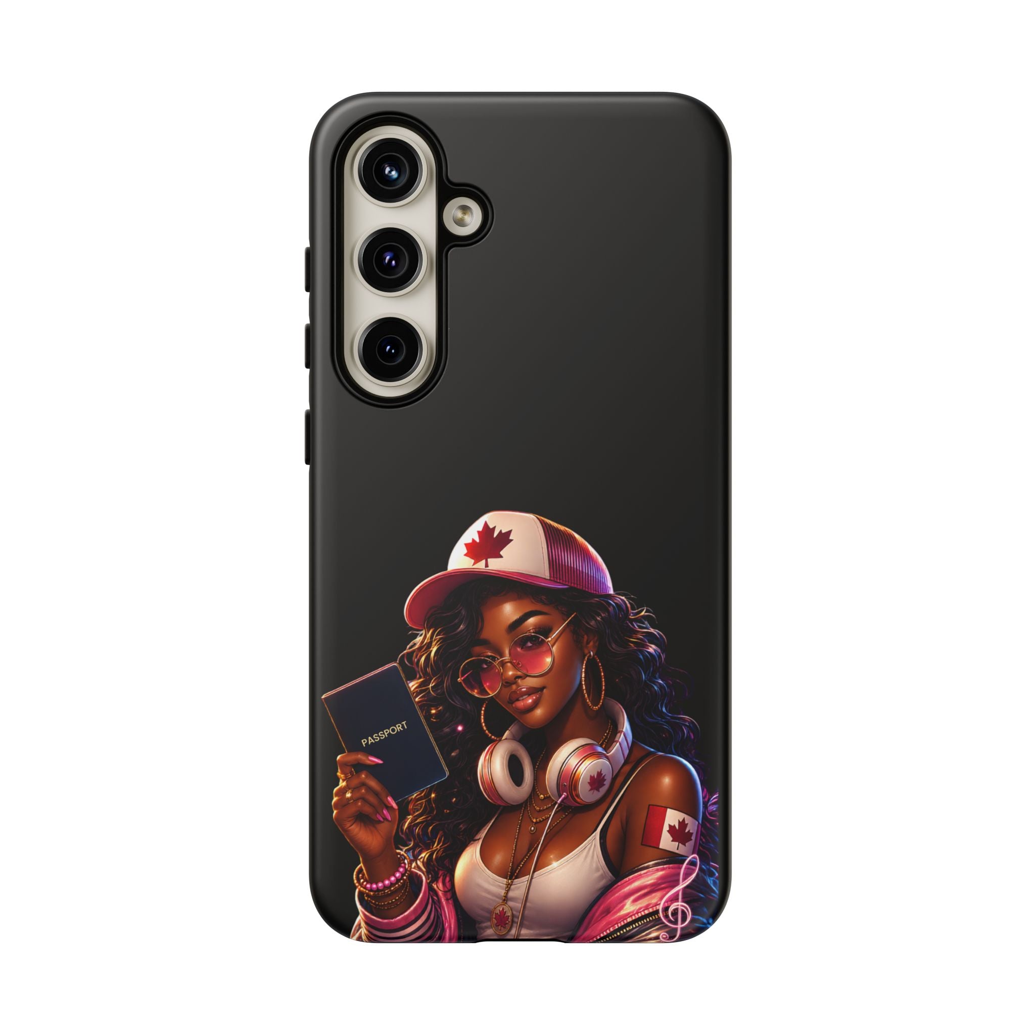 Canadian Vibes Phone Case — Afrobeat Girl with Headphones & Passport Design