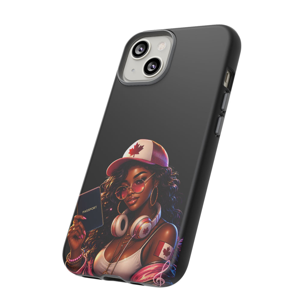 Canadian Vibes Phone Case — Afrobeat Girl with Headphones & Passport Design