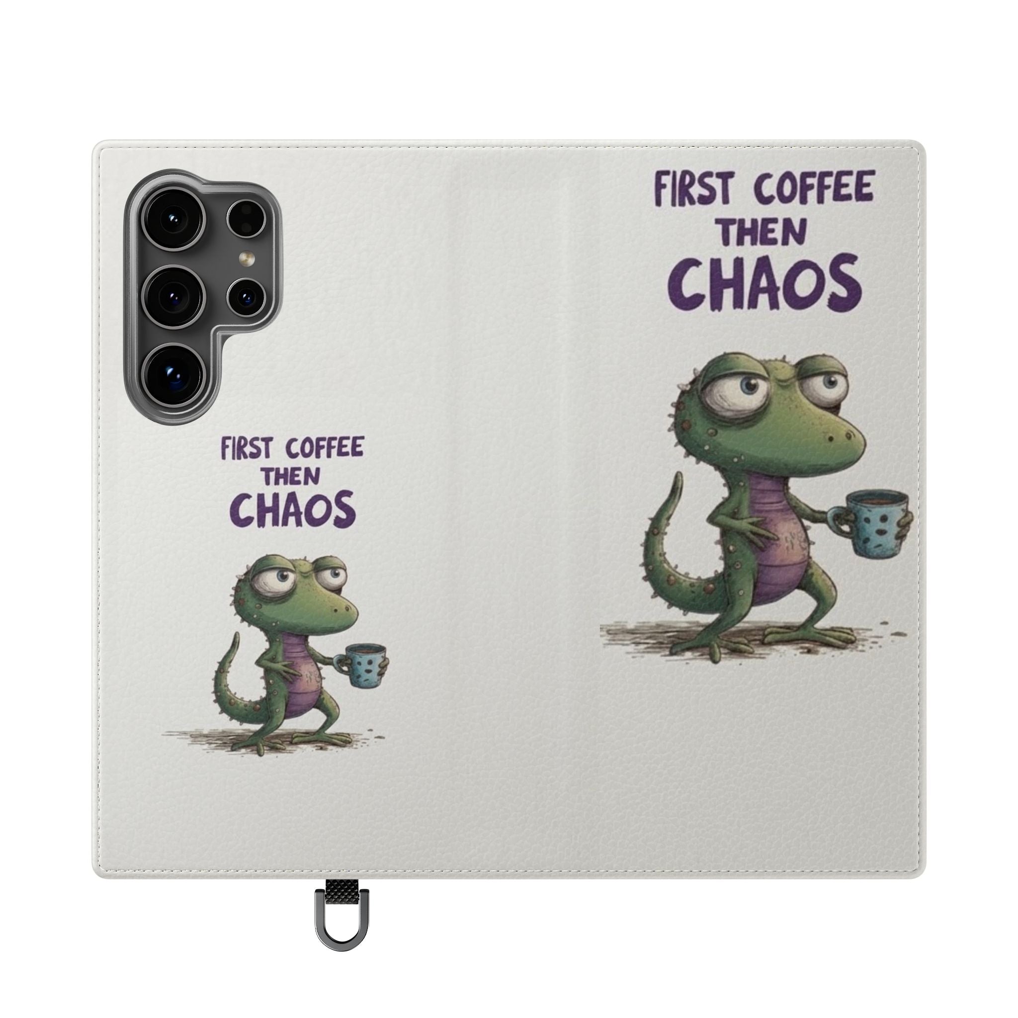 Flip Case — "First Coffee Then Chaos" Cute Dino Phone Wallet
