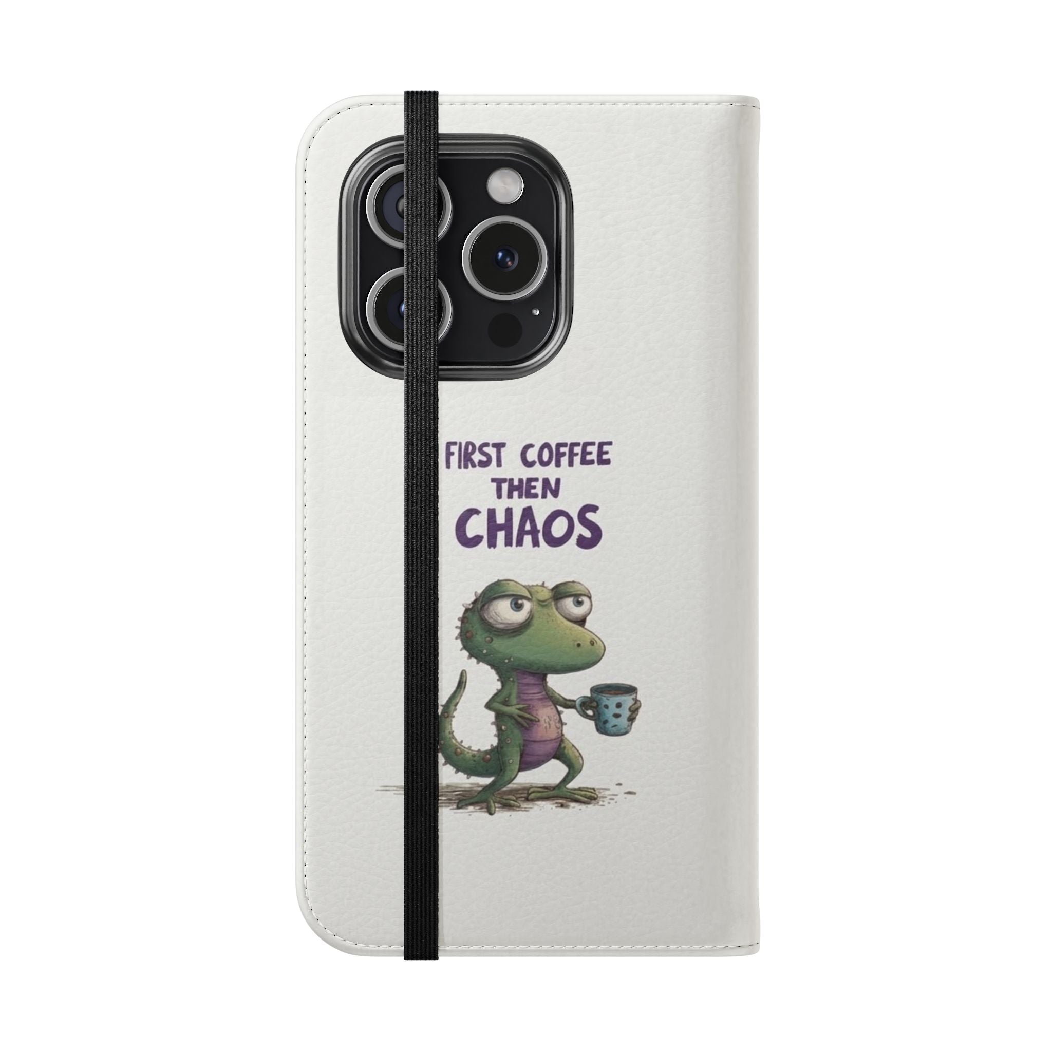 Flip Case — "First Coffee Then Chaos" Cute Dino Phone Wallet