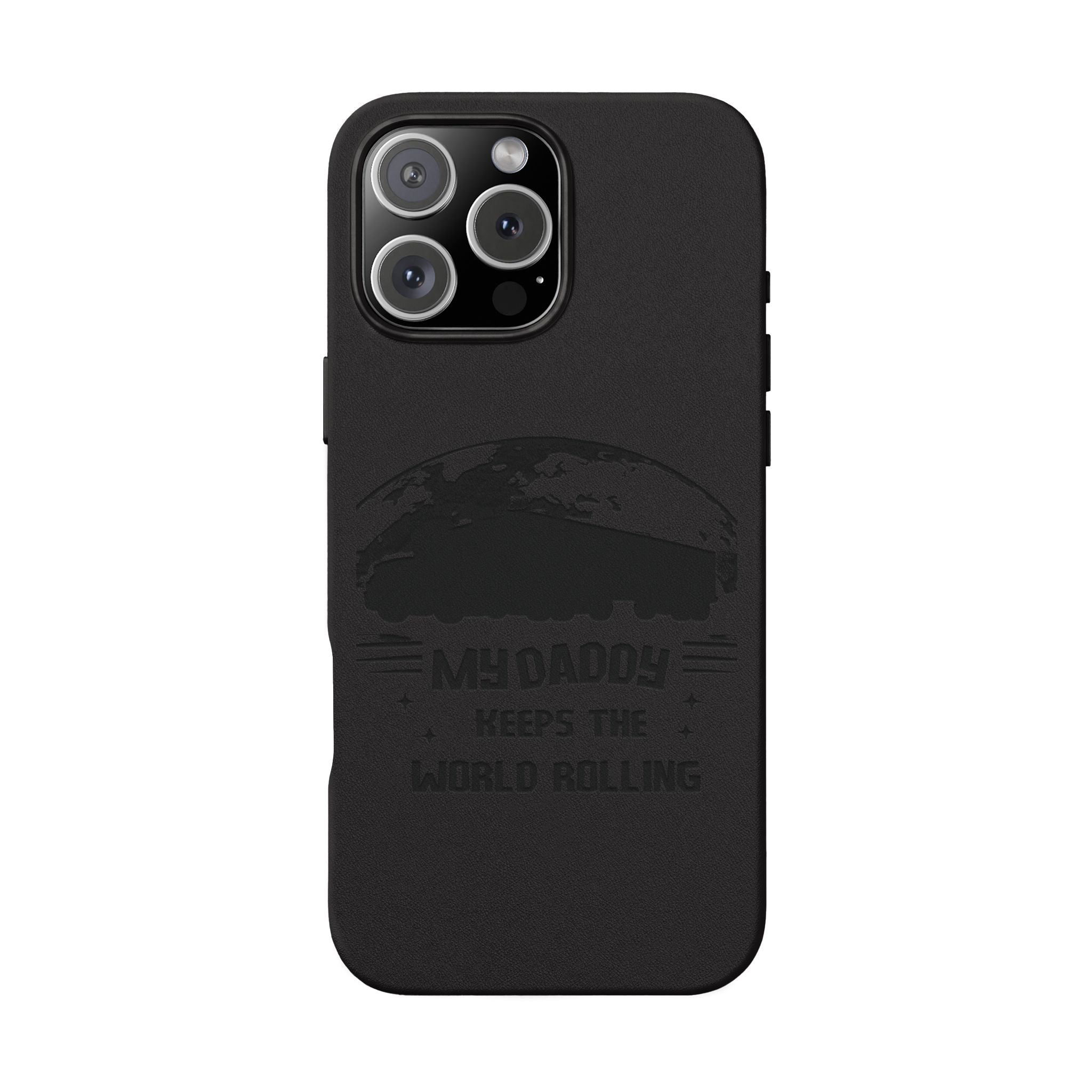 Engraved PU Leather Phone Case — 'Mhdaddy Keeps the World Rolling' Vintage Van Design