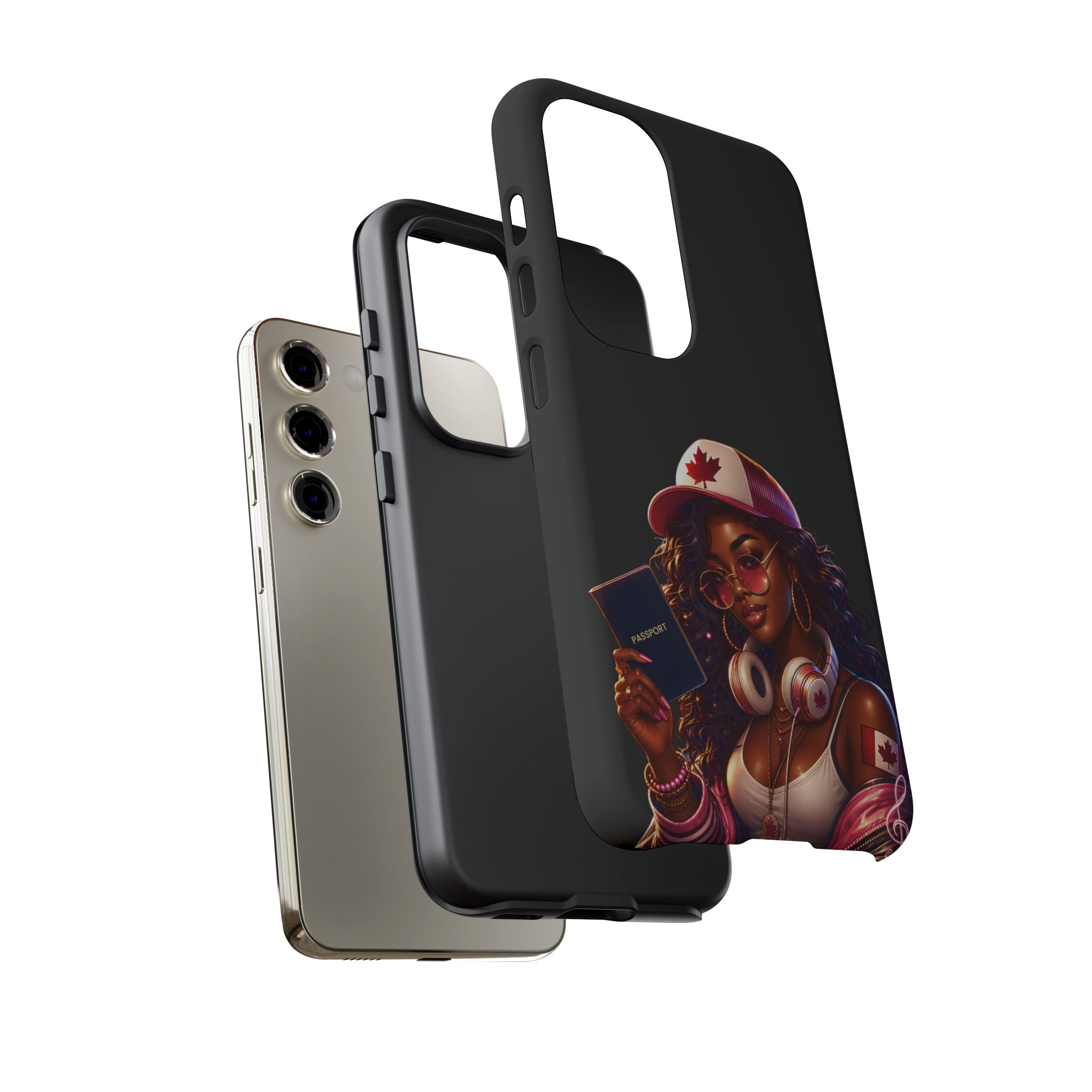Canadian Vibes Phone Case — Afrobeat Girl with Headphones & Passport Design