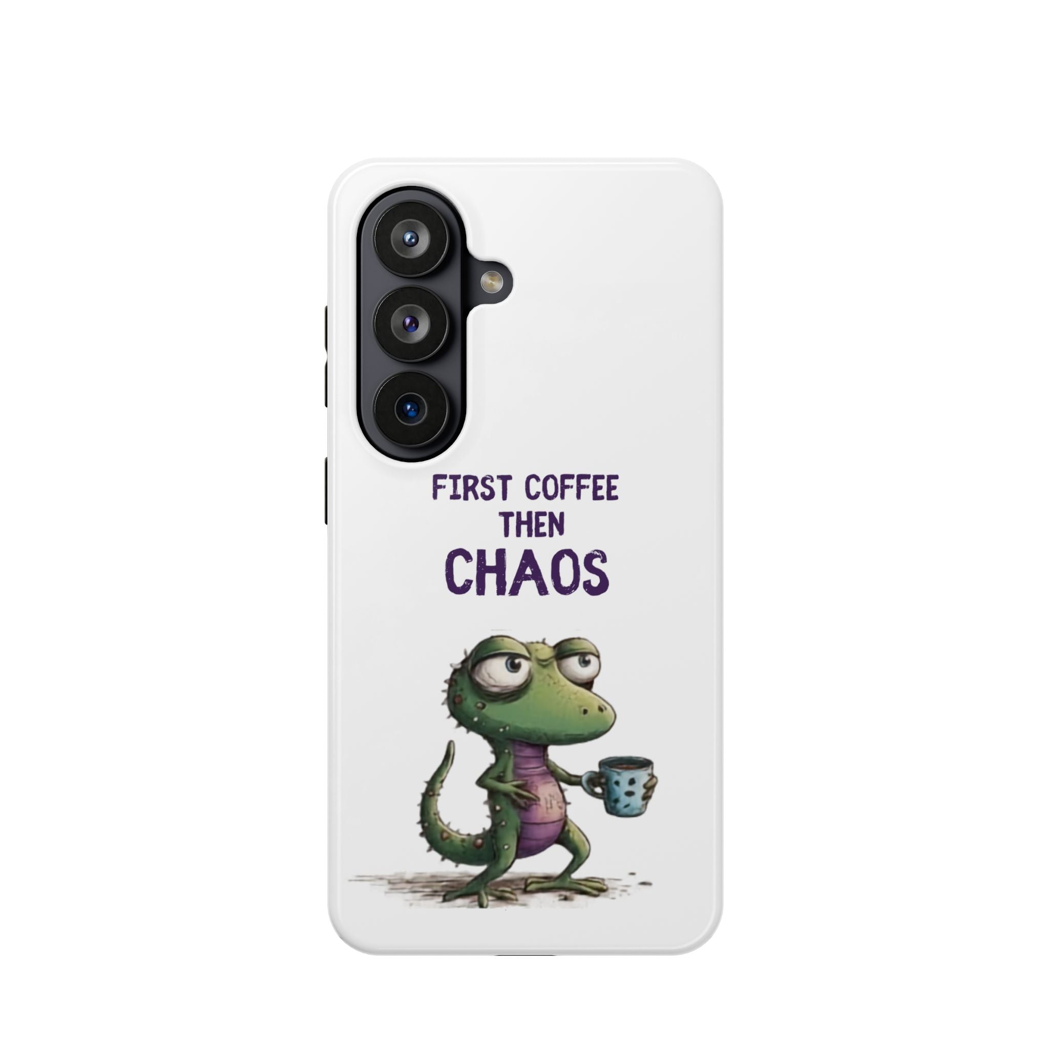 Impact-Resistant Phone Case — "First Coffee Then Chaos" Cute Lizard Coffee Design