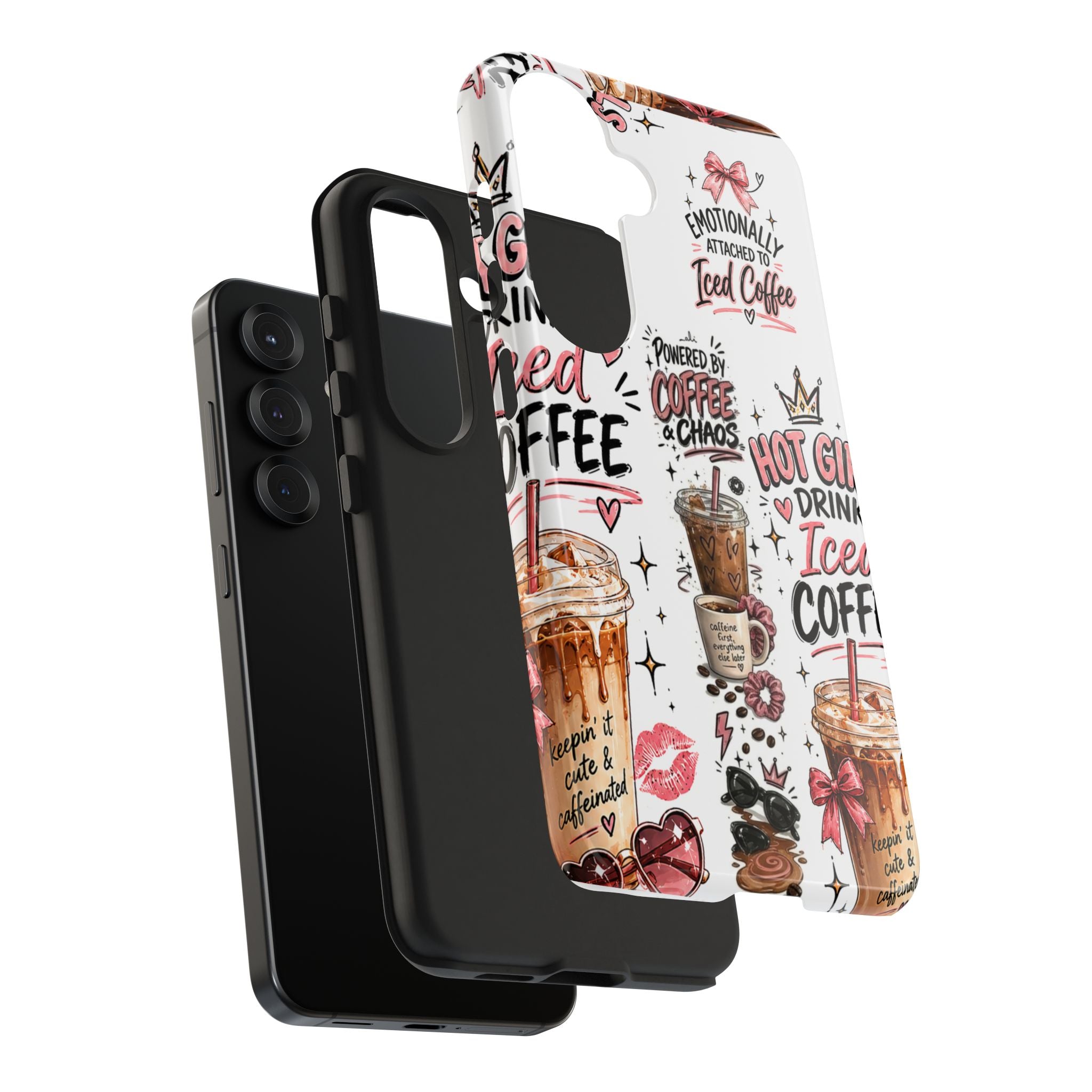 Iced Coffee Pattern Phone Case – "Powered by Coffee & Chaos" Tough Protective Case