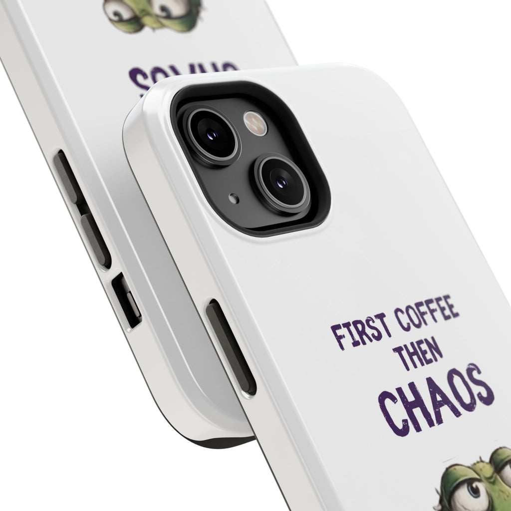 Impact-Resistant Phone Case — "First Coffee Then Chaos" Cute Lizard Coffee Design