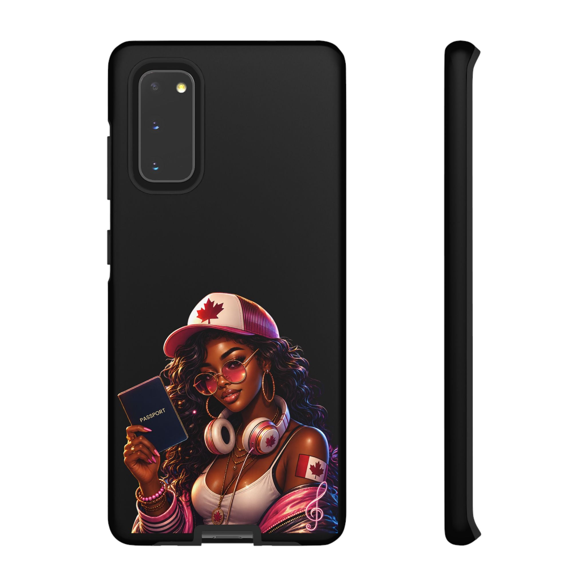 Canadian Vibes Phone Case — Afrobeat Girl with Headphones & Passport Design