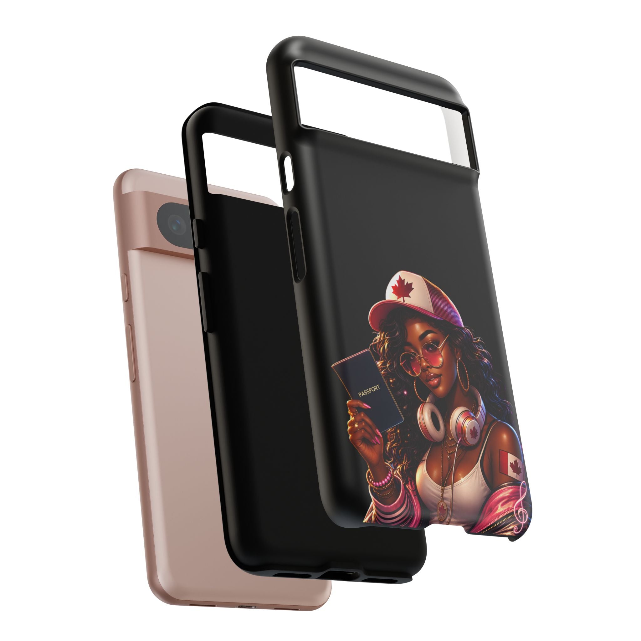 Canadian Vibes Phone Case — Afrobeat Girl with Headphones & Passport Design