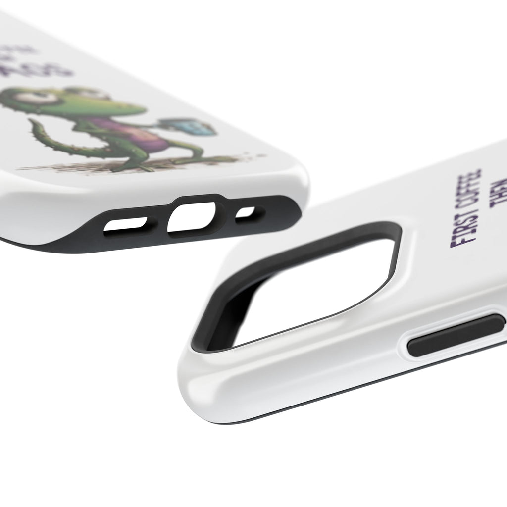 Impact-Resistant Phone Case — "First Coffee Then Chaos" Cute Lizard Coffee Design