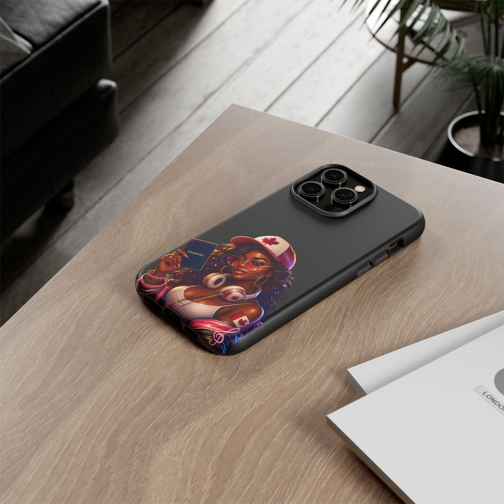Canadian Vibes Phone Case — Afrobeat Girl with Headphones & Passport Design