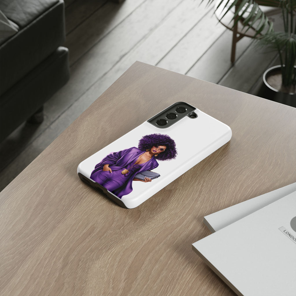 Purple Power Woman Phone Case — Afro Chic Businesswoman Protective Phone Cover
