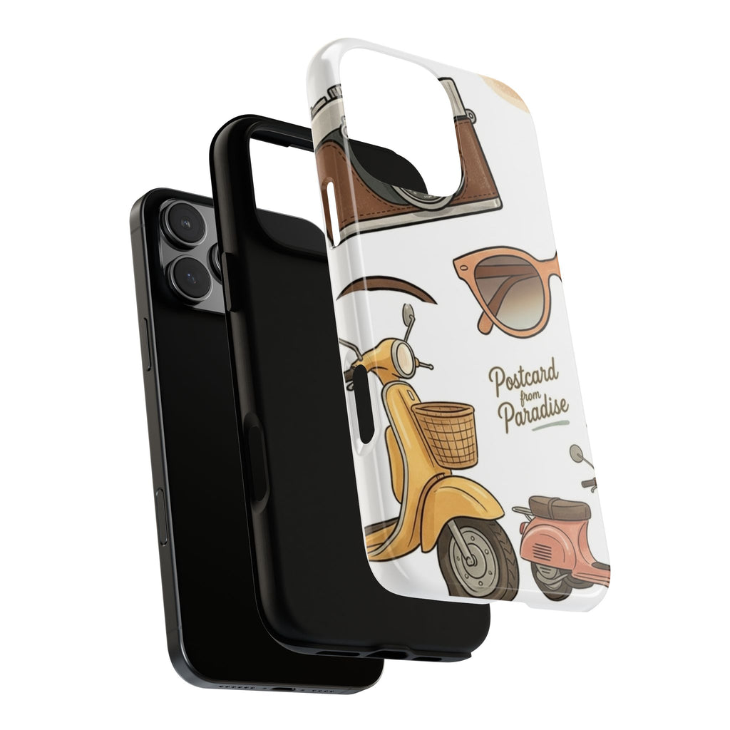 Vintage Summer Beach Phone Case — Feminine Travel Pattern with Cameras, Sunglasses & Scooter