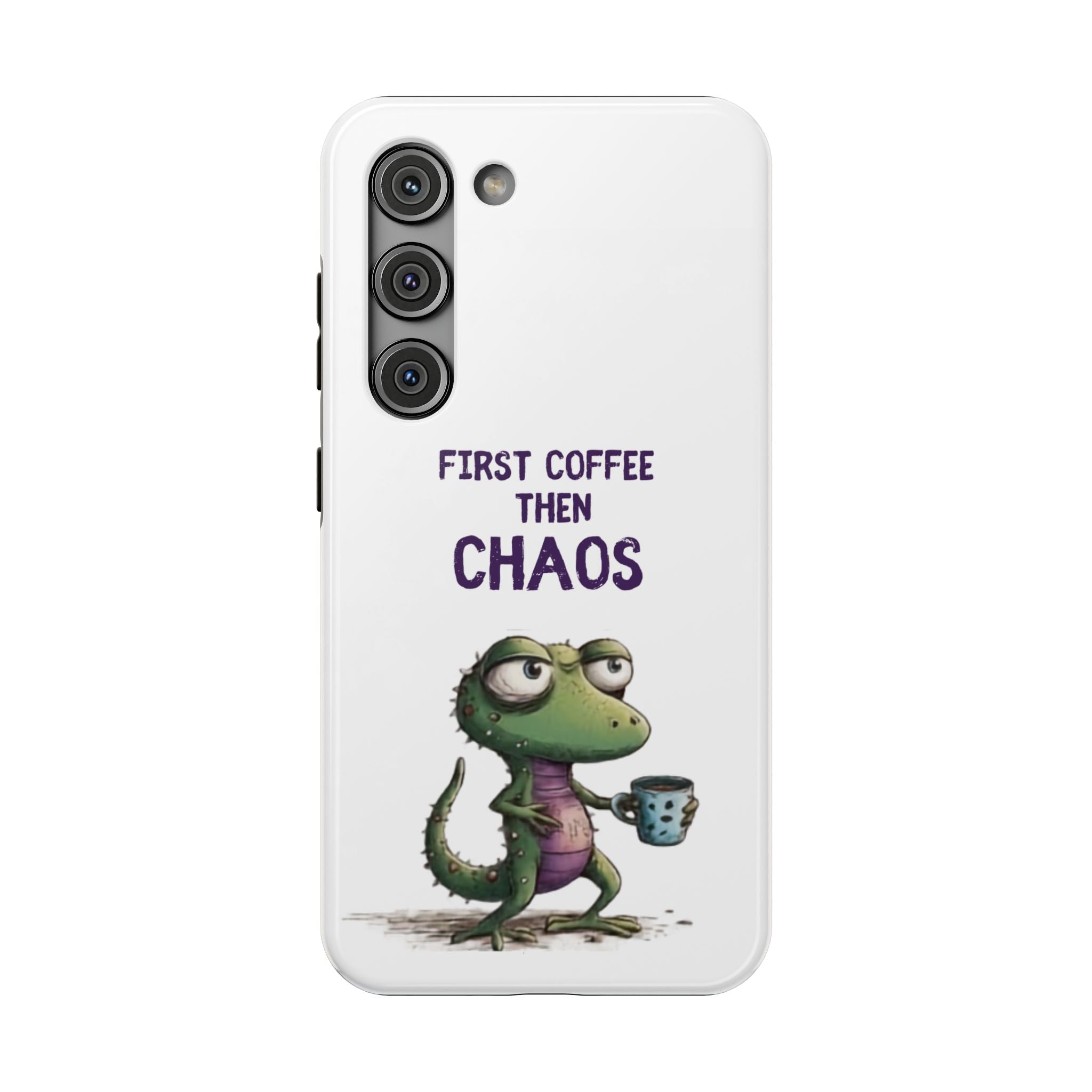 Impact-Resistant Phone Case — "First Coffee Then Chaos" Cute Lizard Coffee Design