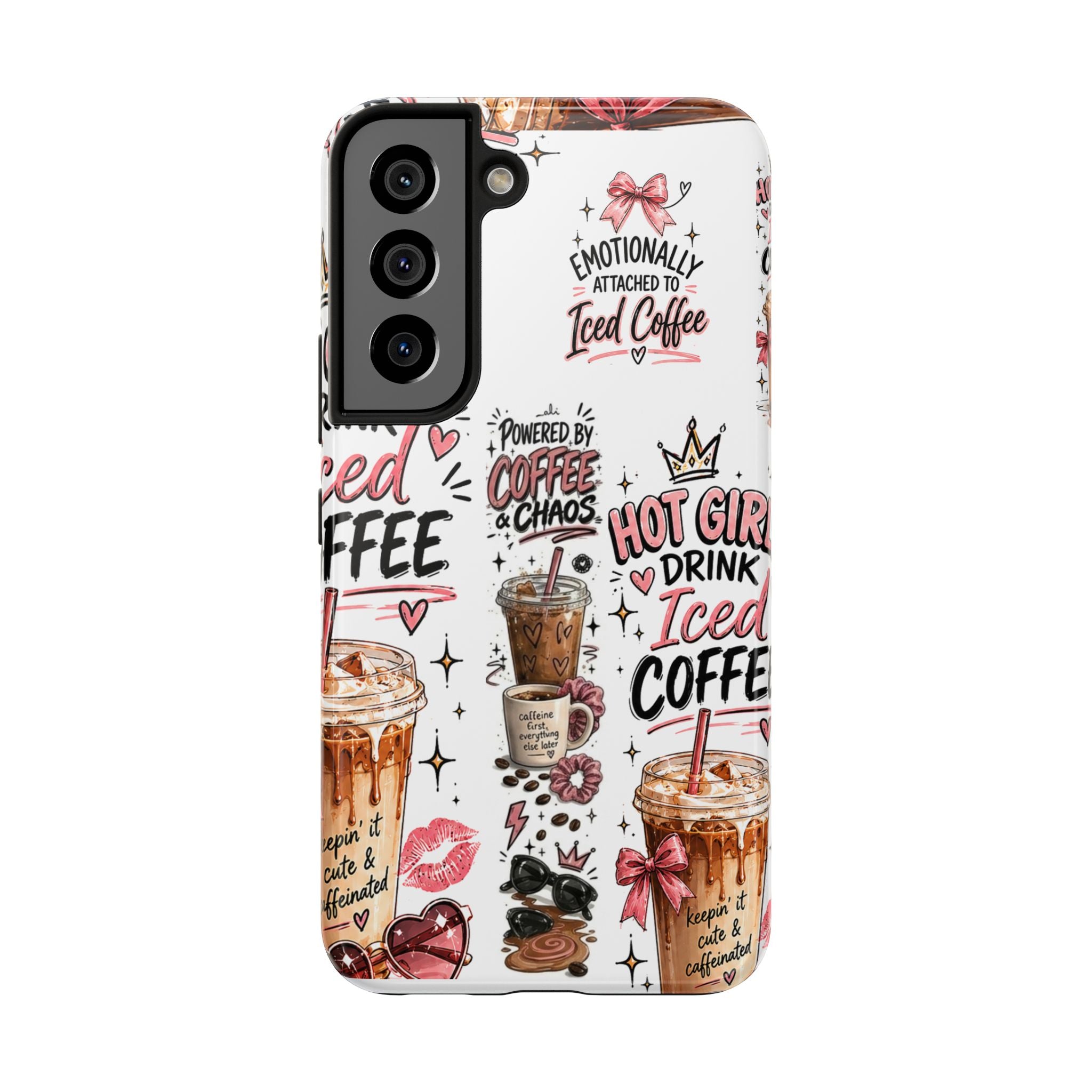 Iced Coffee Pattern Phone Case – "Powered by Coffee & Chaos" Tough Protective Case