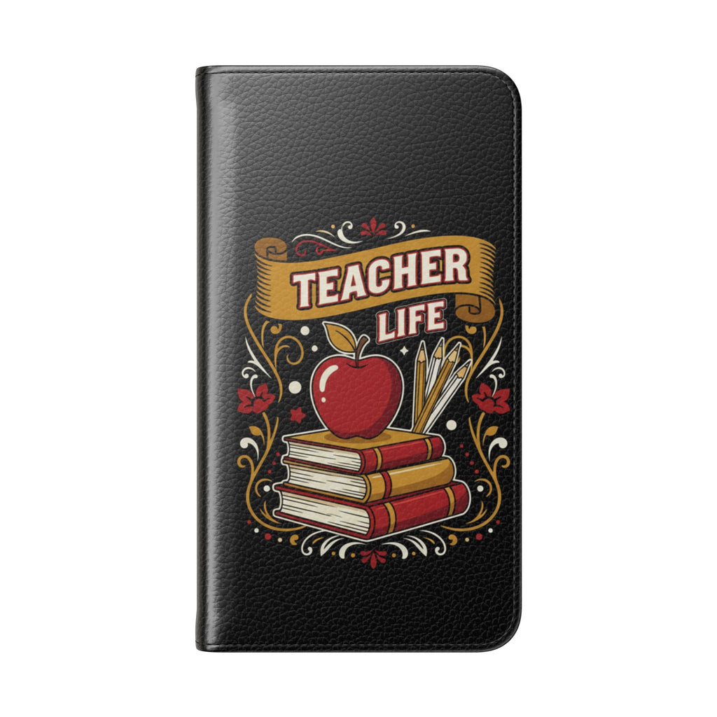 Teacher Life Flip Phone Case – Wallet Folio with Apple & Books Design