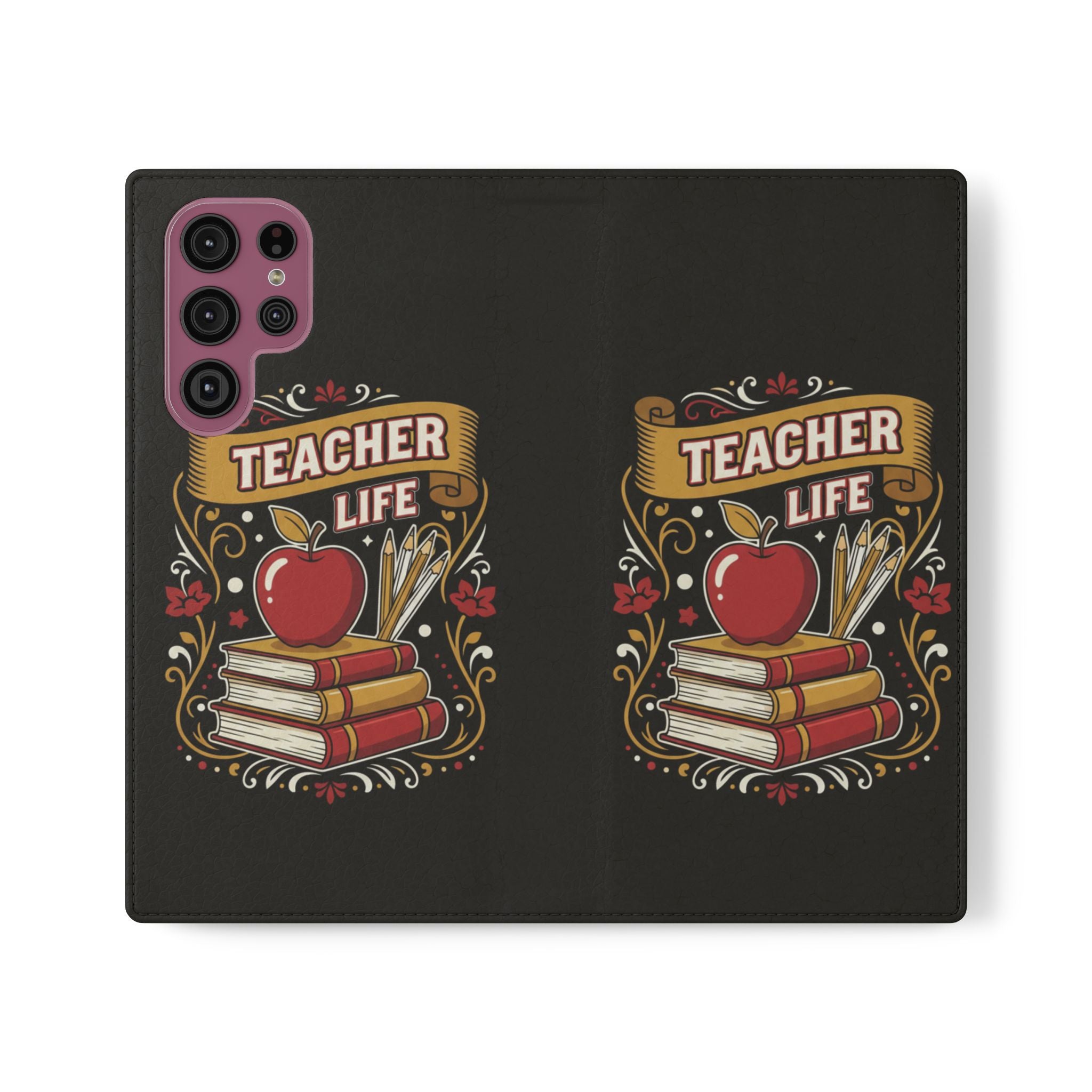 Teacher Life Flip Phone Case – Wallet Folio with Apple & Books Design