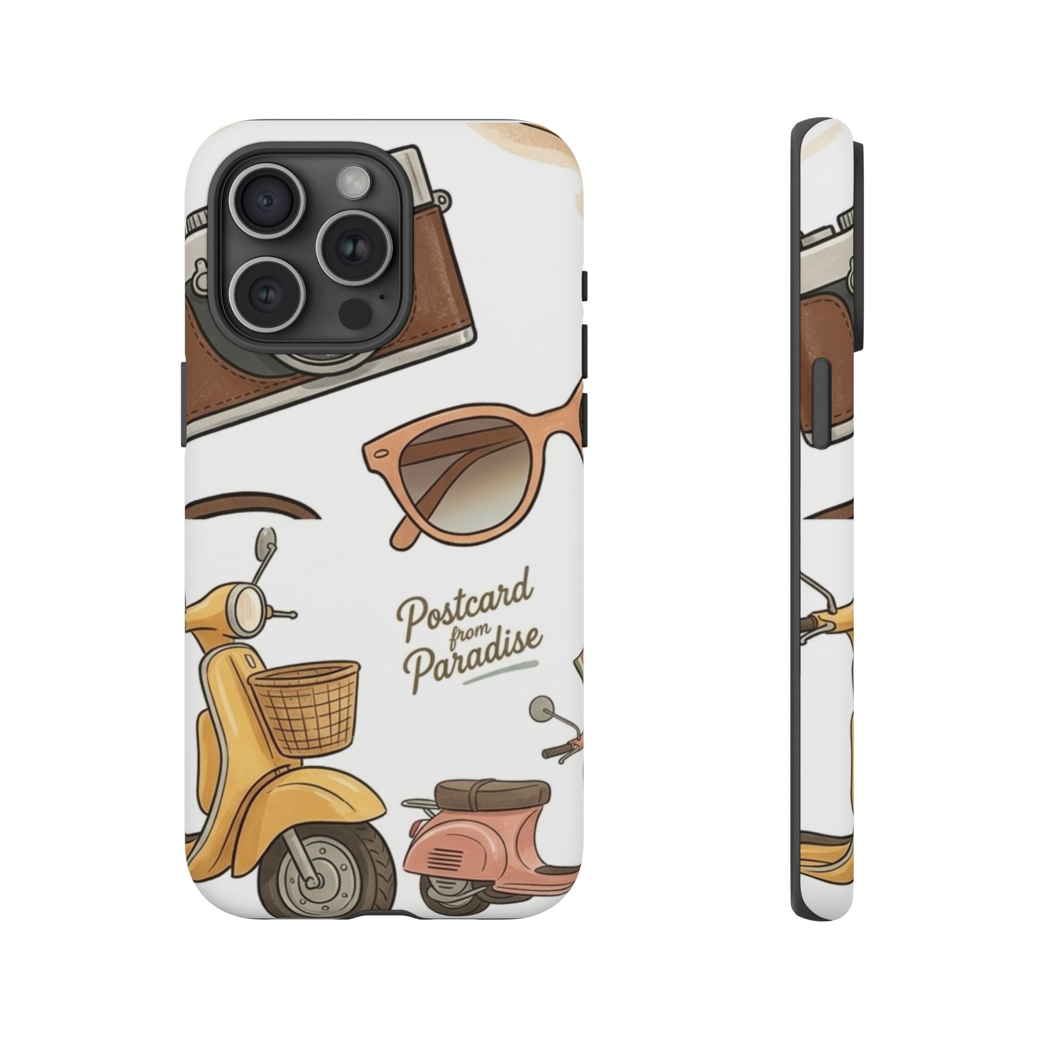 Vintage Summer Beach Phone Case — Feminine Travel Pattern with Cameras, Sunglasses & Scooter