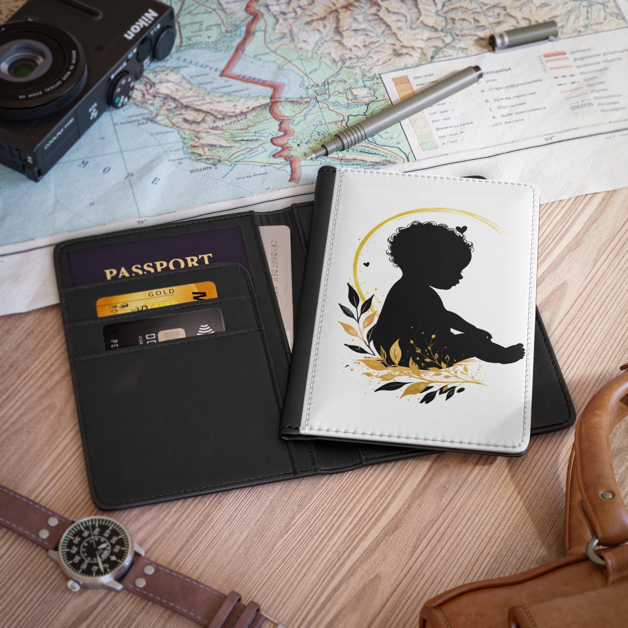Gold Silhouette Baby Passport Cover – Black Infant Silhouette Travel Holder