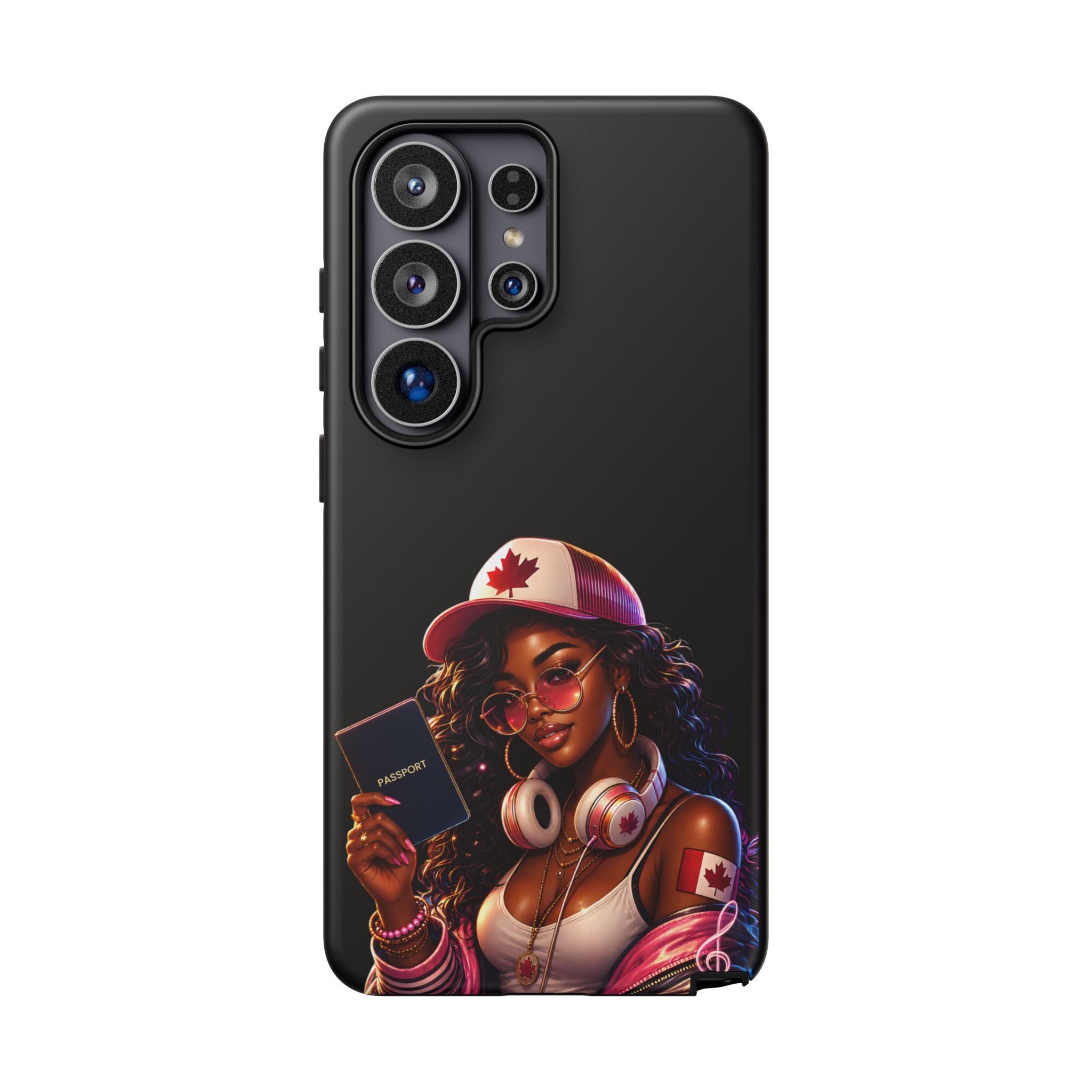 Canadian Vibes Phone Case — Afrobeat Girl with Headphones & Passport Design