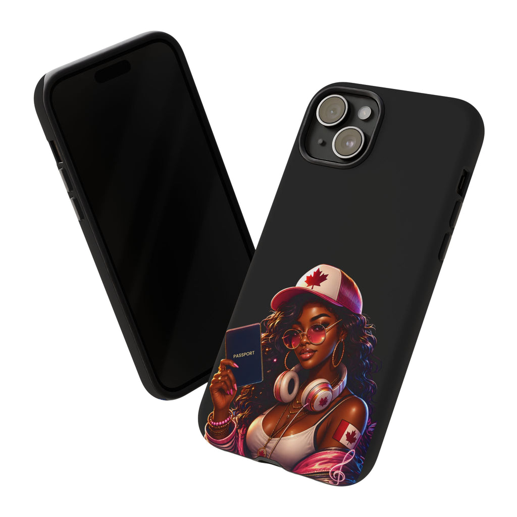 Canadian Vibes Phone Case — Afrobeat Girl with Headphones & Passport Design